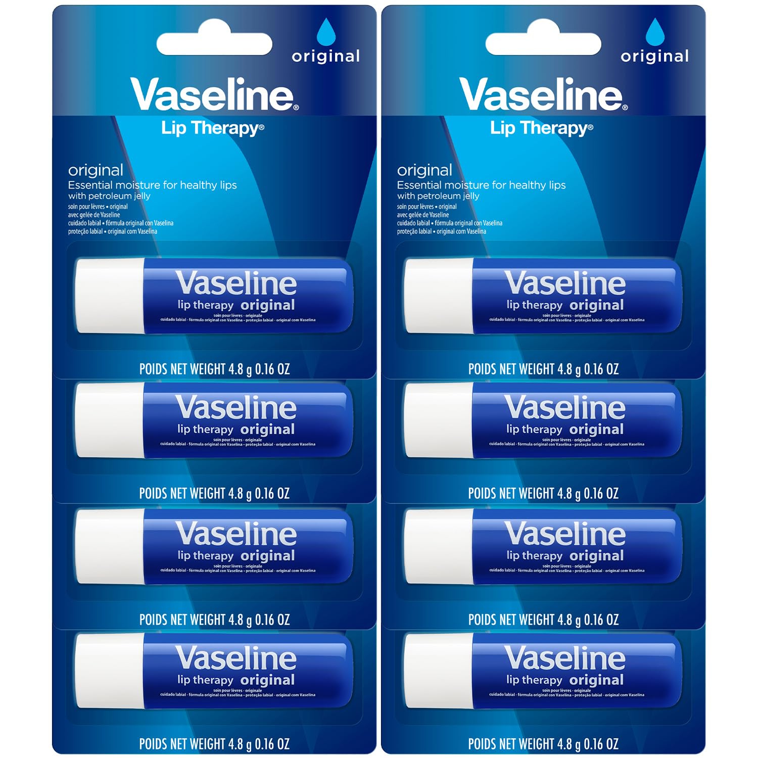 Vaseline Lip Therapy Original 8-Pack – Moisturizing Lip Balm for Very Dry Lips, 0.16 Oz Ea
