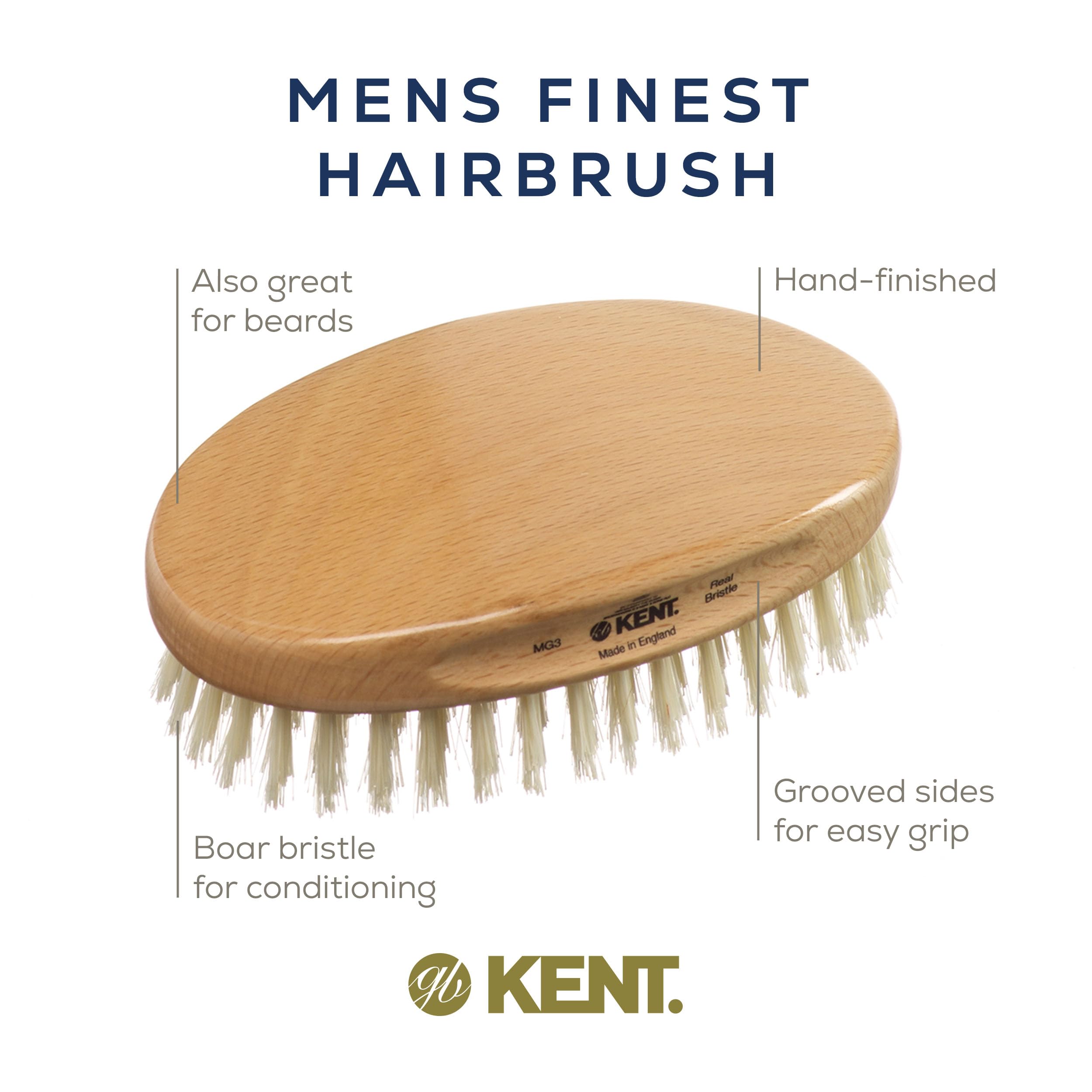 Kent Mg3 Oval Beechwood Black Pure Bristle Luxury Military Brush For Fine & Thinning Hair
