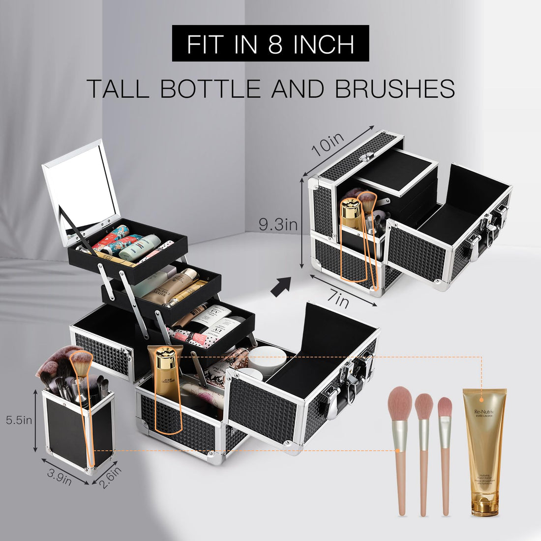 Joligrace Makeup Train Case Professional Cosmetic Box Travel Organizer with Mirror & Lock Black Pattern