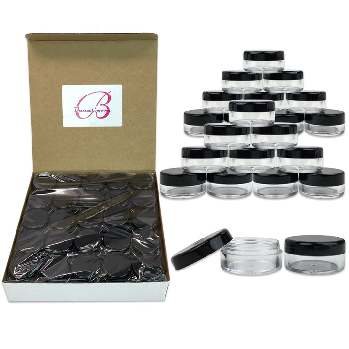 Beauticom® 5G/5ML High Quality Round Clear Jars with Black Lids for Makeup, Lotion, Creams, Eyeshadow, Cosmetic Product Samples - BPA Free (Quantity: 100pcs)