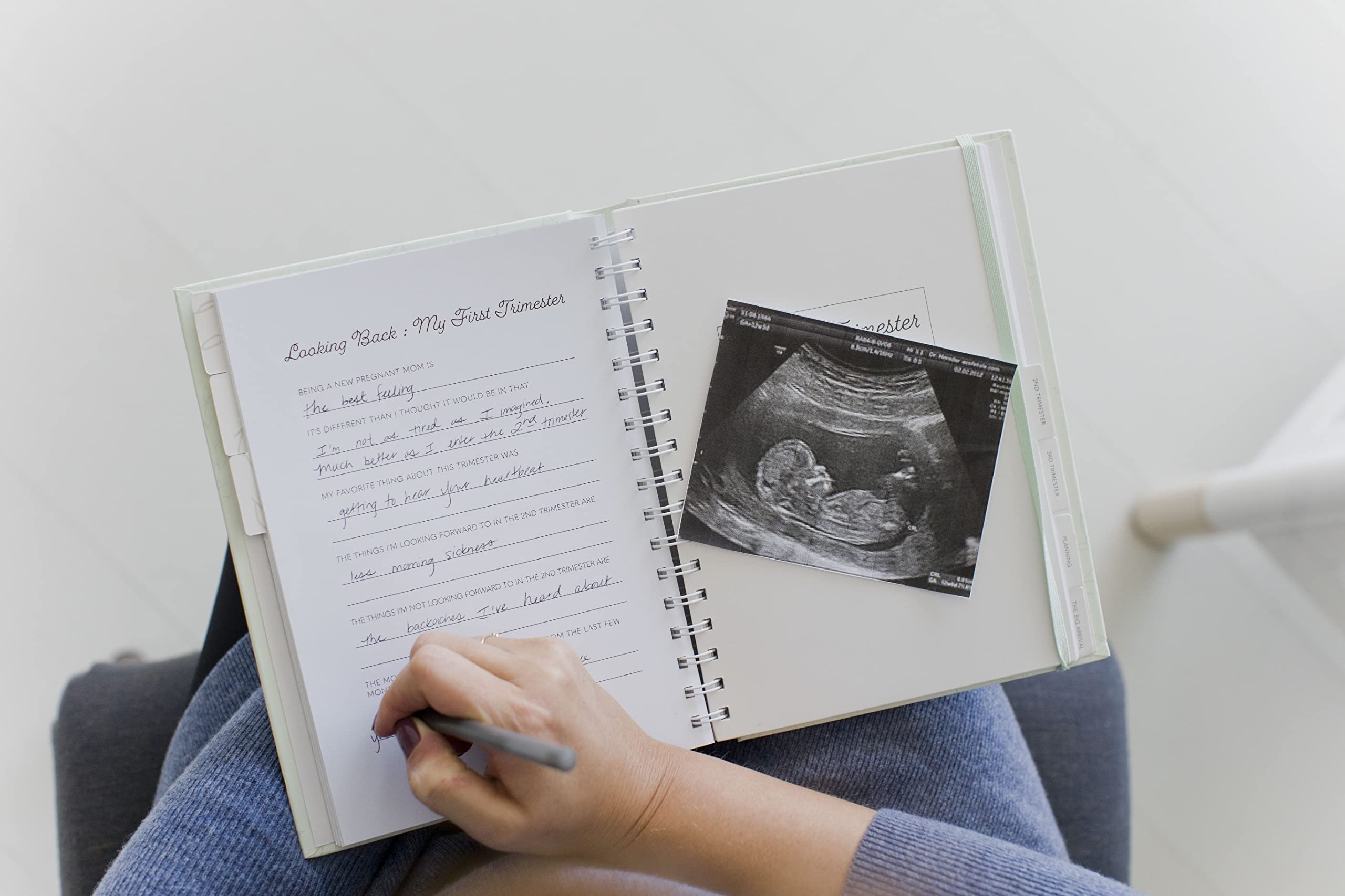 Pearhead My Pregnancy Journal, Keepsake Pregnancy Memory Book with Sonogram Photo Insert, Pregnant Trimester Milestone Tracker Notebook, Expecting Mom Gift, Sage Green Leaf