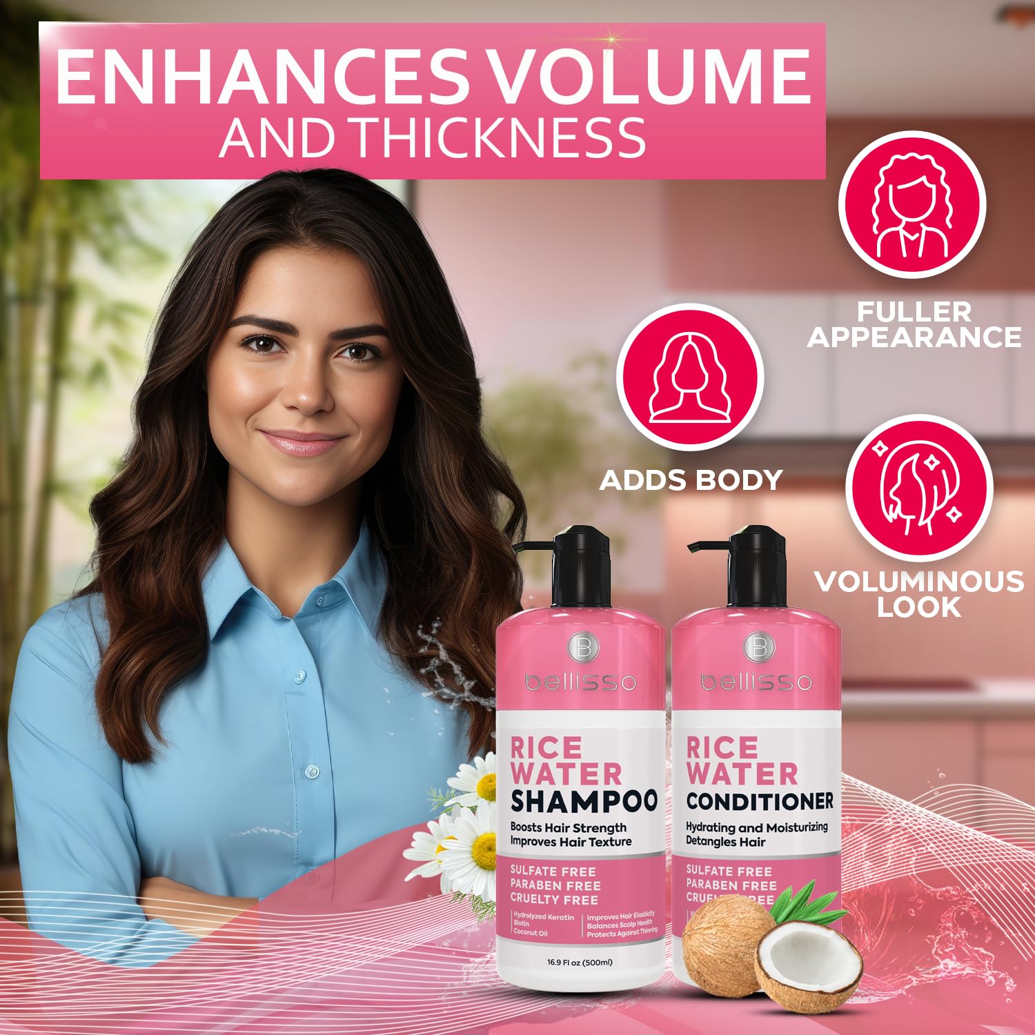 Rice Water Shampoo and Conditioner Set - Sulfate Free for Thin and Fine Hair - Fuller, Thickening Formula for Women and Men - With Strengthening Saw Palmetto - Anti Thinning, Volumizing for Thick Hair