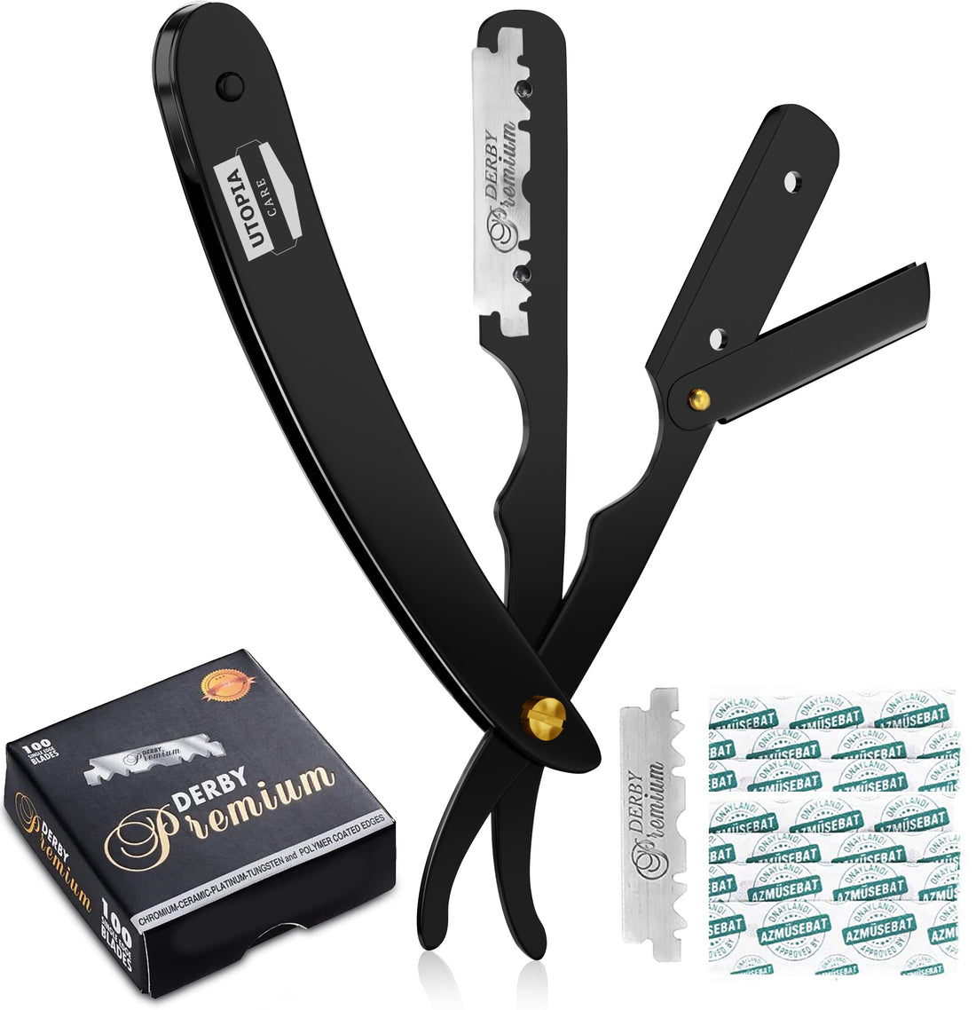 Professional Barber Straight Edge Razor Safety with 100 Derby Blades - 100 Percent Stainless Steel - by Utopia Care