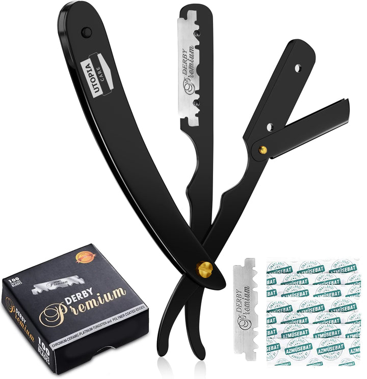 Professional Barber Straight Edge Razor Safety with 100 Derby Blades - 100 Percent Stainless Steel - by Utopia Care