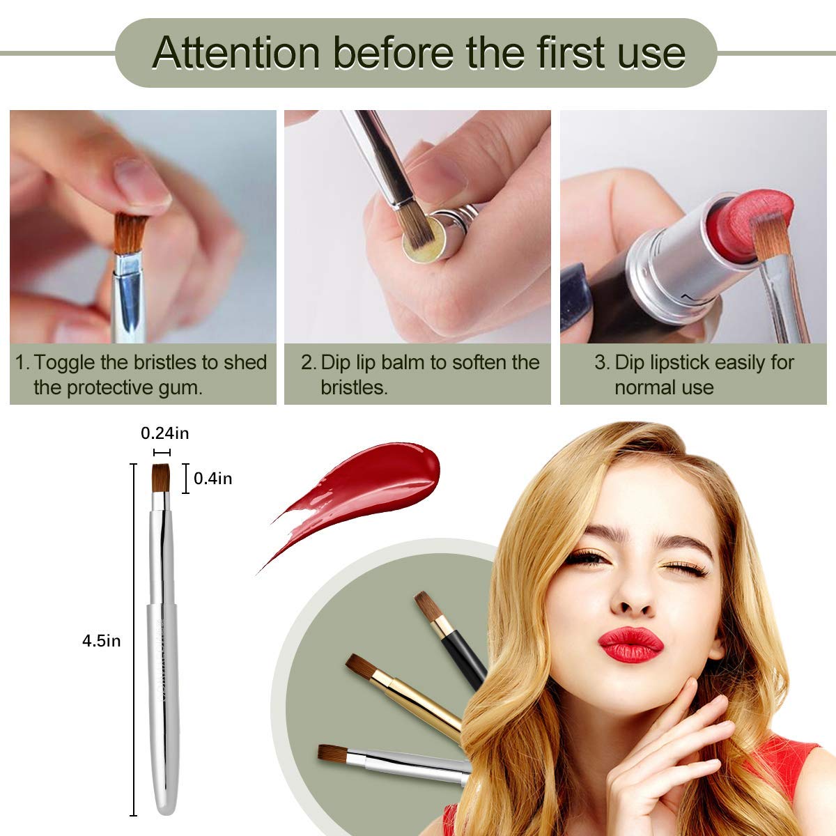 Rownyeon Travel Retractable Lip Brush Applicators Flat for Lipstick Gloss Creams Portable with Cap, Professional Makeup Brush for Women Girls As Christmas Gift and Halloween Makeup Tools Silver