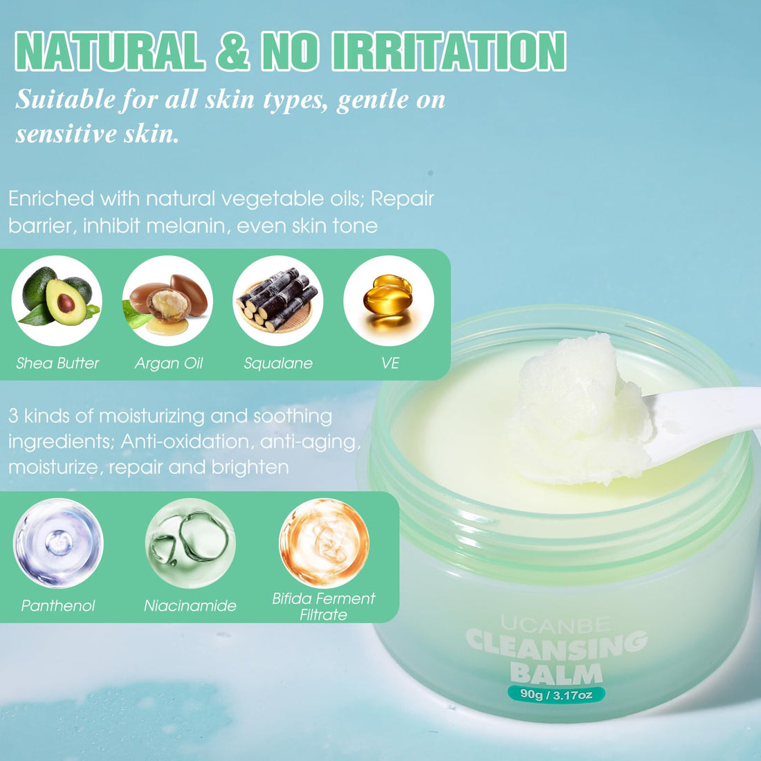 UCANBE Cleansing Balm Makeup Remover - 3.17oz, Natural Gentle, Deep Cleaning, Makeup Cleansing Balm for Waterproof Eye Face Lip Makeup, Made for All Skin Types