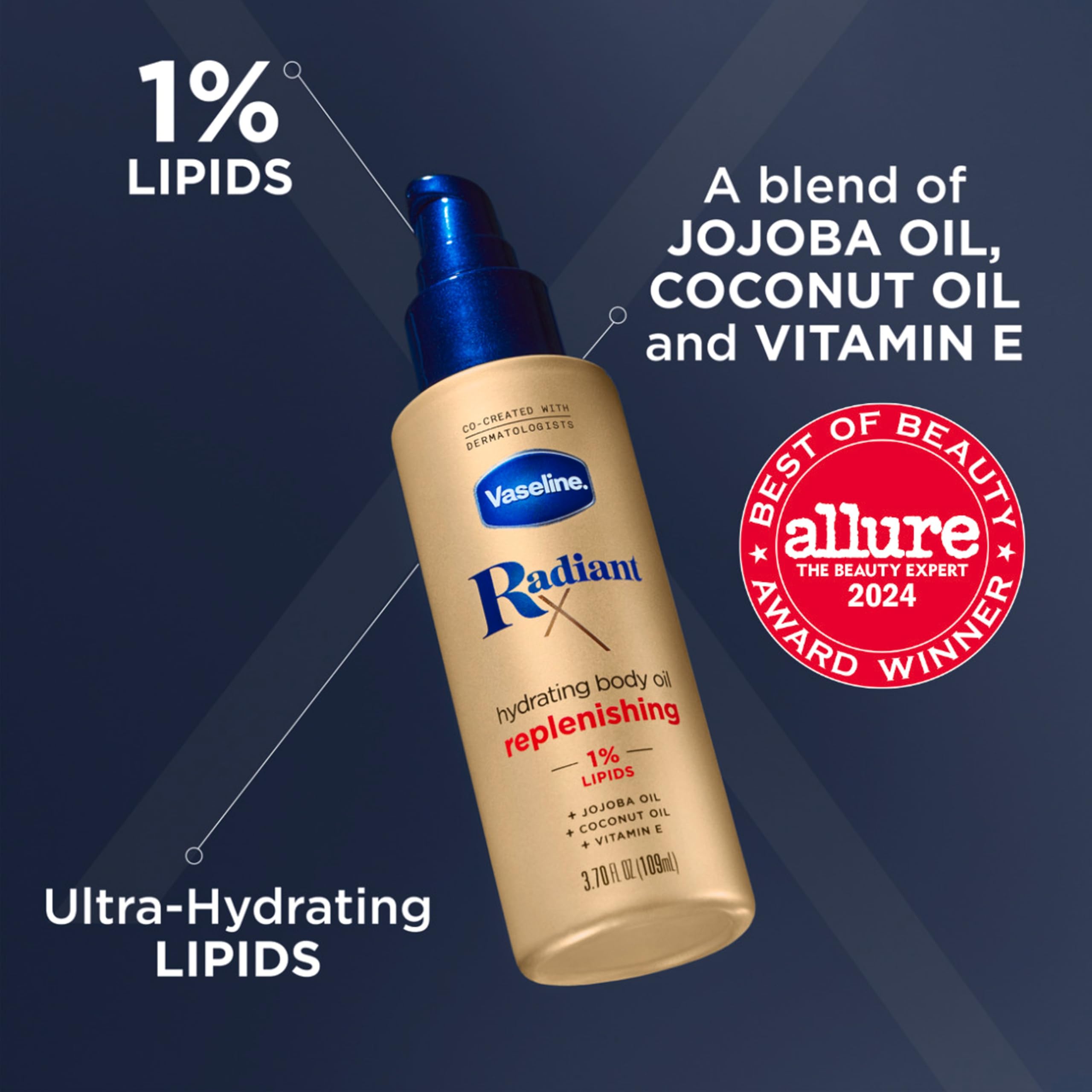 Vaseline Radiant X Replenishing and Hydrating Body Oil with 1% Lipids, Jojoba Oil, Coconut Oil, & Vitamin E 3.7 oz