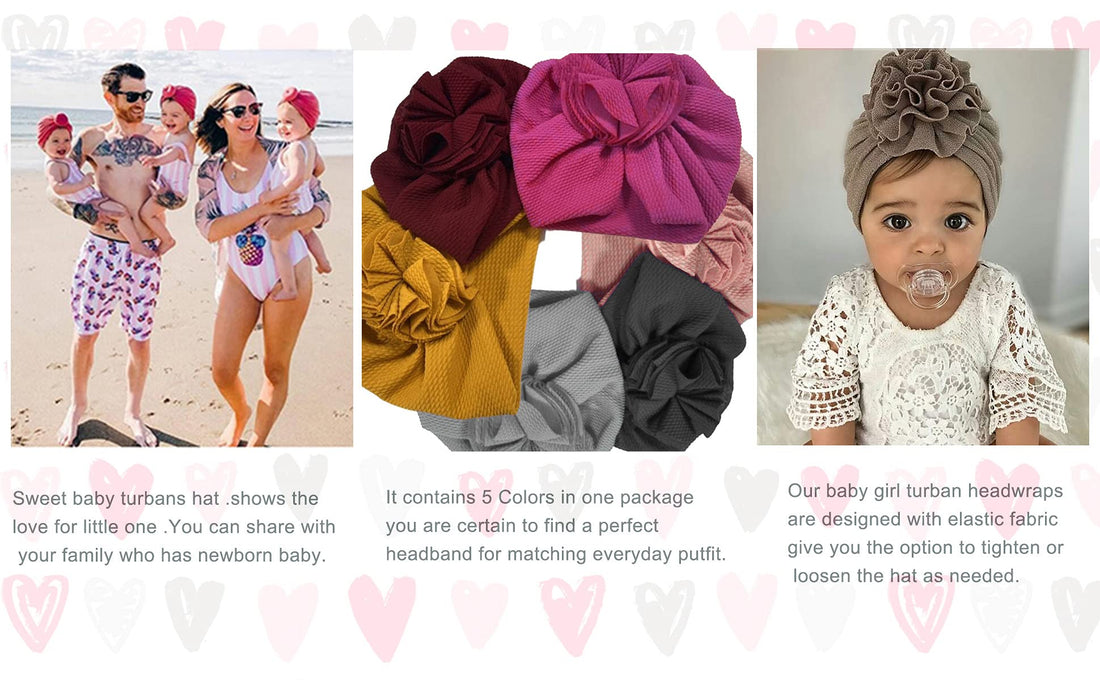 5 Pcs Baby Girls Headbands Nylon Hairbands with Bows Soft Elastics Baby Hospital Hat Newborn Turban Headwrap Hair Accessories for Babies Infant Toddlers Kids Photography