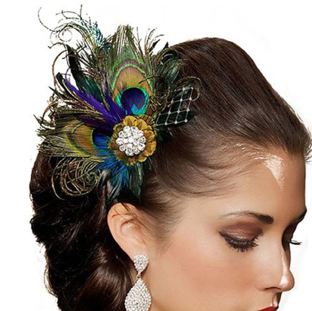 Leiothrix Unique Peacock Feather & Rehinestone Hair Pins for Women and Girls Apply to Party Evening Costume