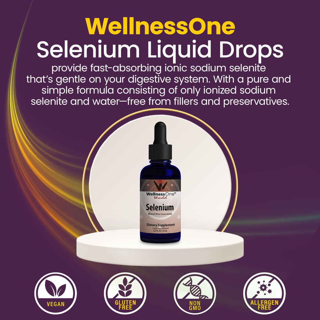 WellnessOne Liquid Selenium Supplement - Ionized Selenium Liquid Drops 70 mcg - Antioxidant, Cardiovascular and Immune Support - USA Tested, Vegan, Non-GMO, Gluten Free, Unflavored - 1.67 fl oz