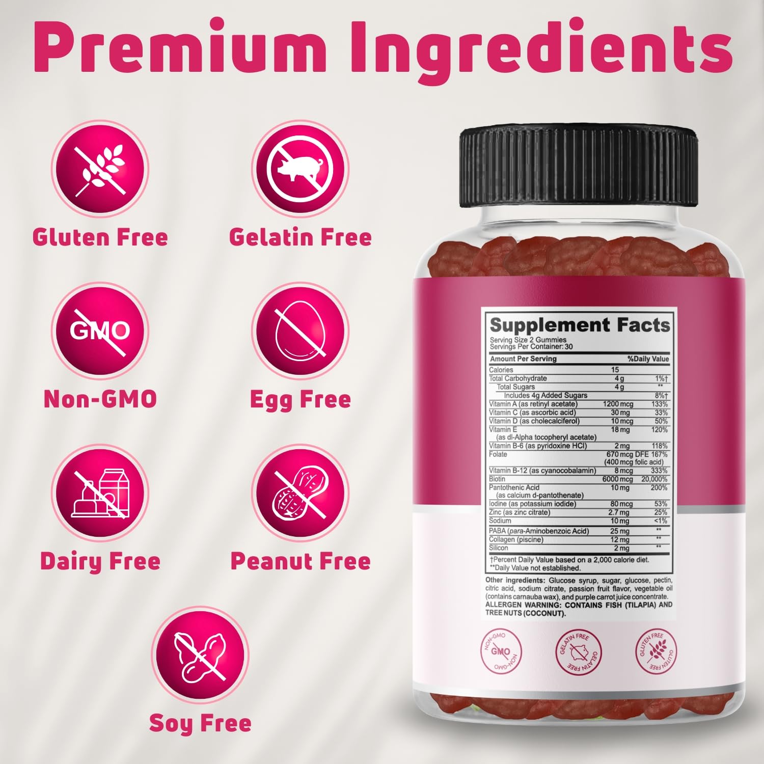 Beauty Multivitamins - Hair Skin and Nails Gummies with 6000mcg Biotin & PABA. Biotin Collagen Gummies w/ Daily Multivitamin for Women & Men. Hair Skin and Nails Vitamins, 30 Servings - Halal Vitamins