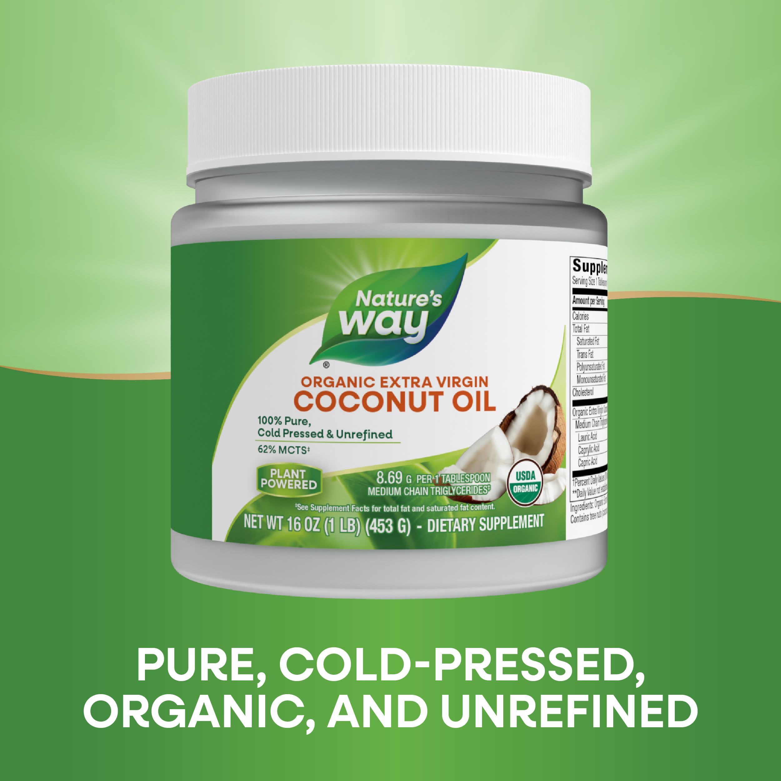 Nature's Way Organic Extra Virgin Coconut Oil, Pure and Unrefined, 62% MCTs, 16 Oz