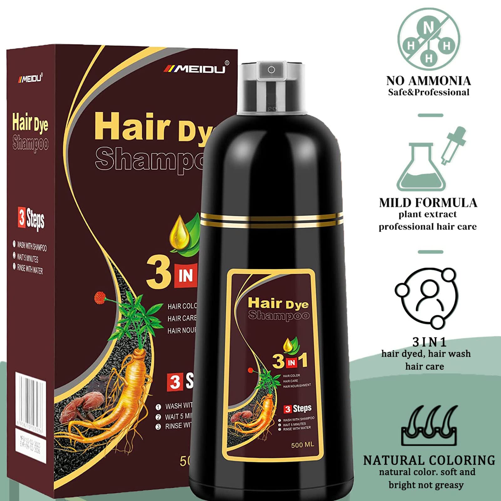 Ivnil Brown Hair Dye Shampoo Gray Hair Coverage Champu Con Tinte Para Canas Hair Color Herbal 3 in 1 Men and Women,Instant Coloring in Minutes (Brown color)