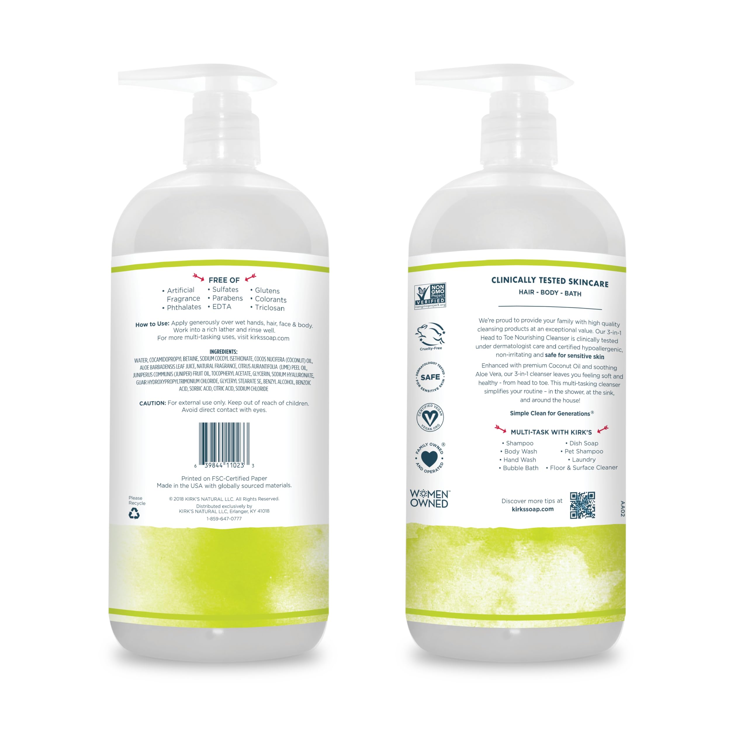 3-in-1 Castile Liquid Soap by Kirkââ‚¬â„¢s | Head-to-Toe Natural Shampoo, Face Soap & Body Wash for Men, Women & Children | Coconut Oil + Aloe Vera | Juniper & Lime Scent | 32 Fl Oz. Pump Bottle