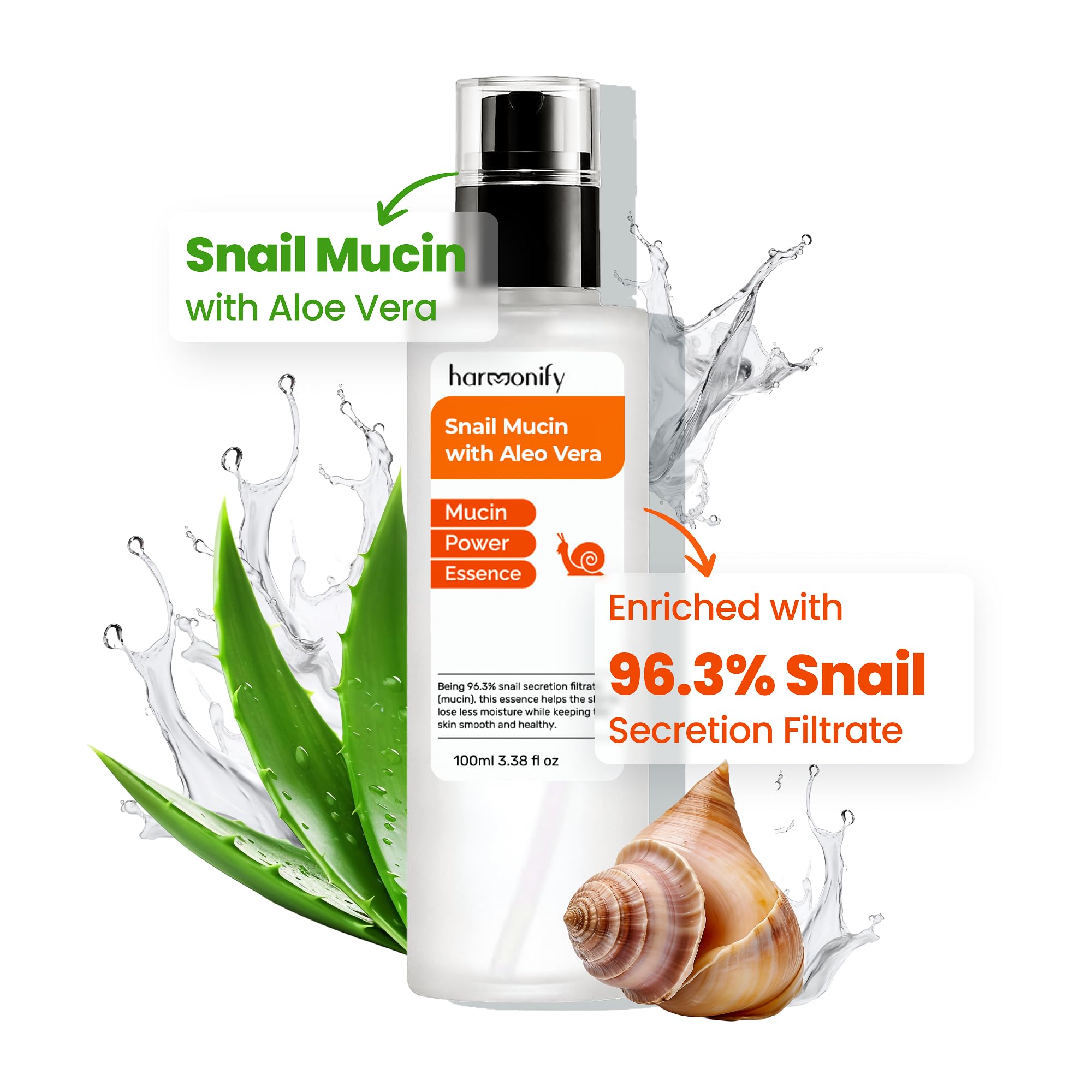 HARMONIFY Snail Mucin Serum for Face with Aloe Vera, 96,3% Snail Secretion Filtrate Repairing Essence, Korean Skin Care Hydrating Facial Serum, Personal & Skin Care, 3.38 fl.oz