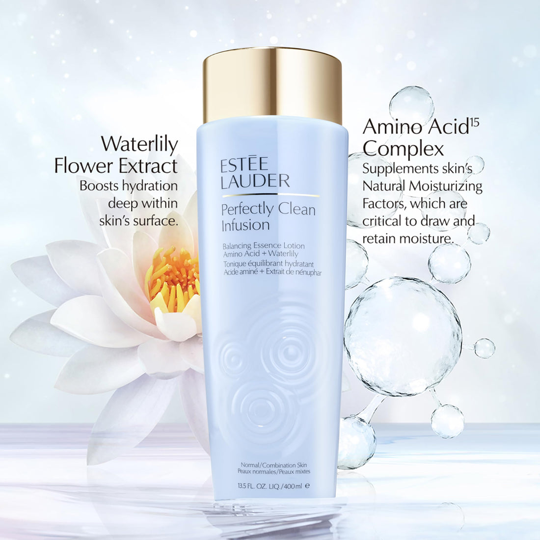 Estée Lauder Perfectly Clean Infusion Balancing Skin Essence Face Lotion Toner with Amino Acid + Waterlily, 13.5 Fl Oz
