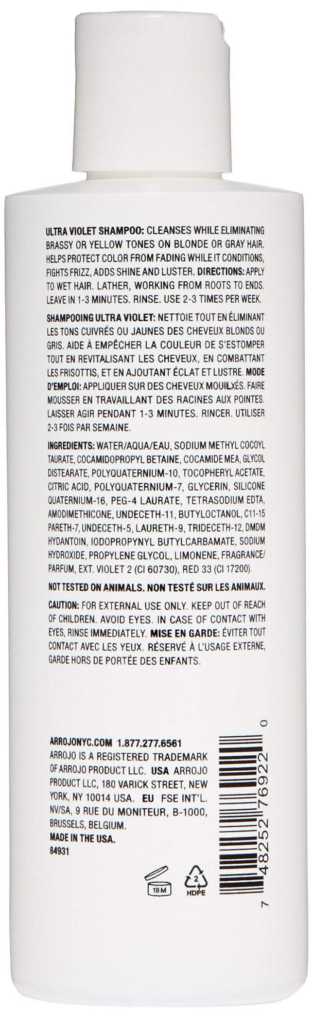ARROJO Ultra Violet Purple Shampoo (8.5 oz) Hair Shampoo for Color Treated Hair to Eliminate Brassy & Yellow Tones Purple Shampoo for Blonde Hair w/ Vitamin E Paraben and Sulfate Free Shampoo