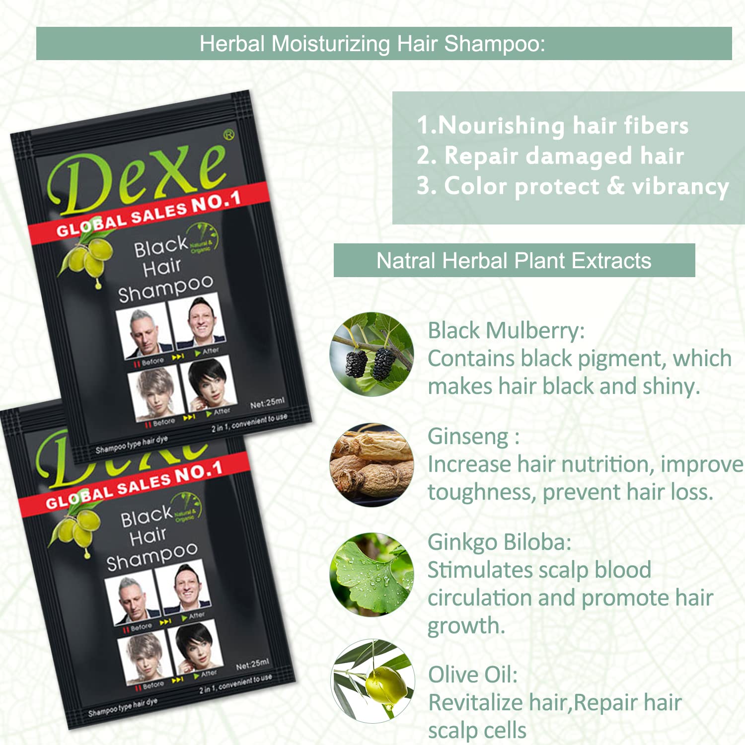 10 PCS Dexe Hair Shampoo Instant Hair Dye for Men Women, Black Color - Simple to Use - Hair Dye Permanent - Last 30 days - Natural Ingredients for Woman&Man