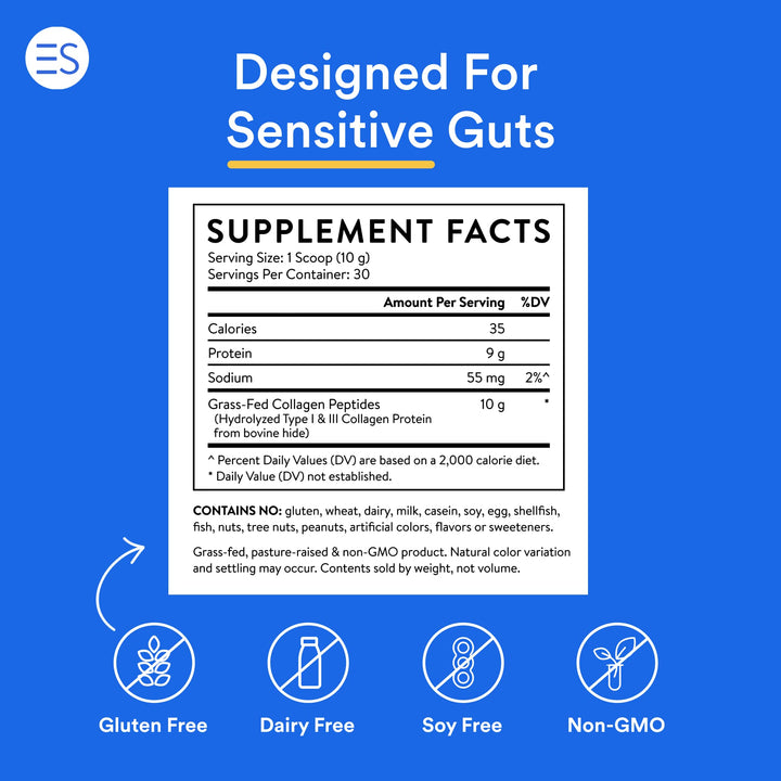 Essential Stacks Collagen Peptides Powder (from Grass Fed American Cattle) - Gluten, Dairy & Soy Free - Unflavored Hydrolyzed Collagen Supplement (10.6 oz)