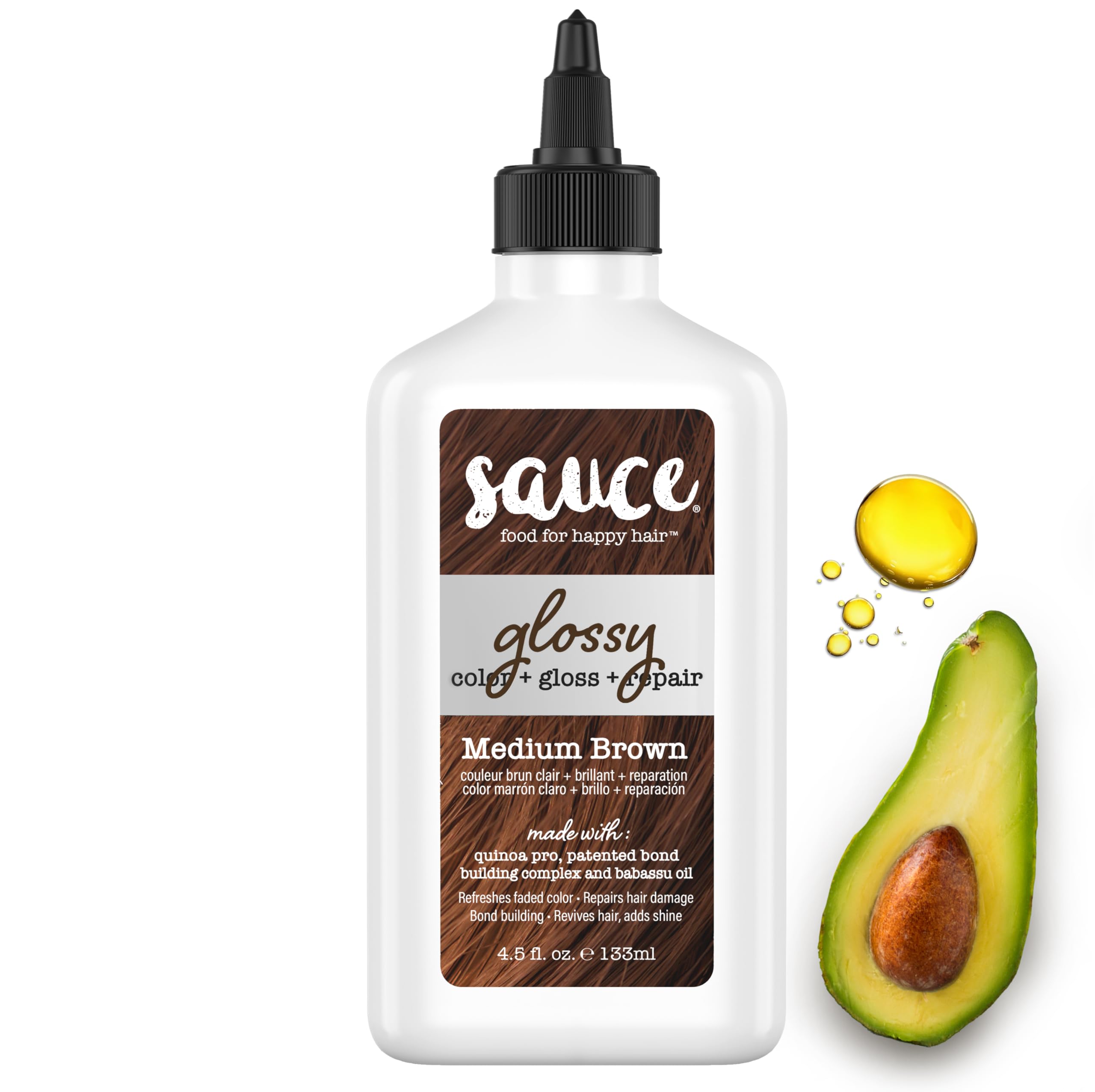 Sauce Beauty Glossy Color + Gloss + Repair, Medium Brown, Semi Permanent Hair Dye with Bond-Building and Color-Fade Protection Technology, Adds Shine & Deep Moisture, Lasts 4-8 Weeks, Stops Fade
