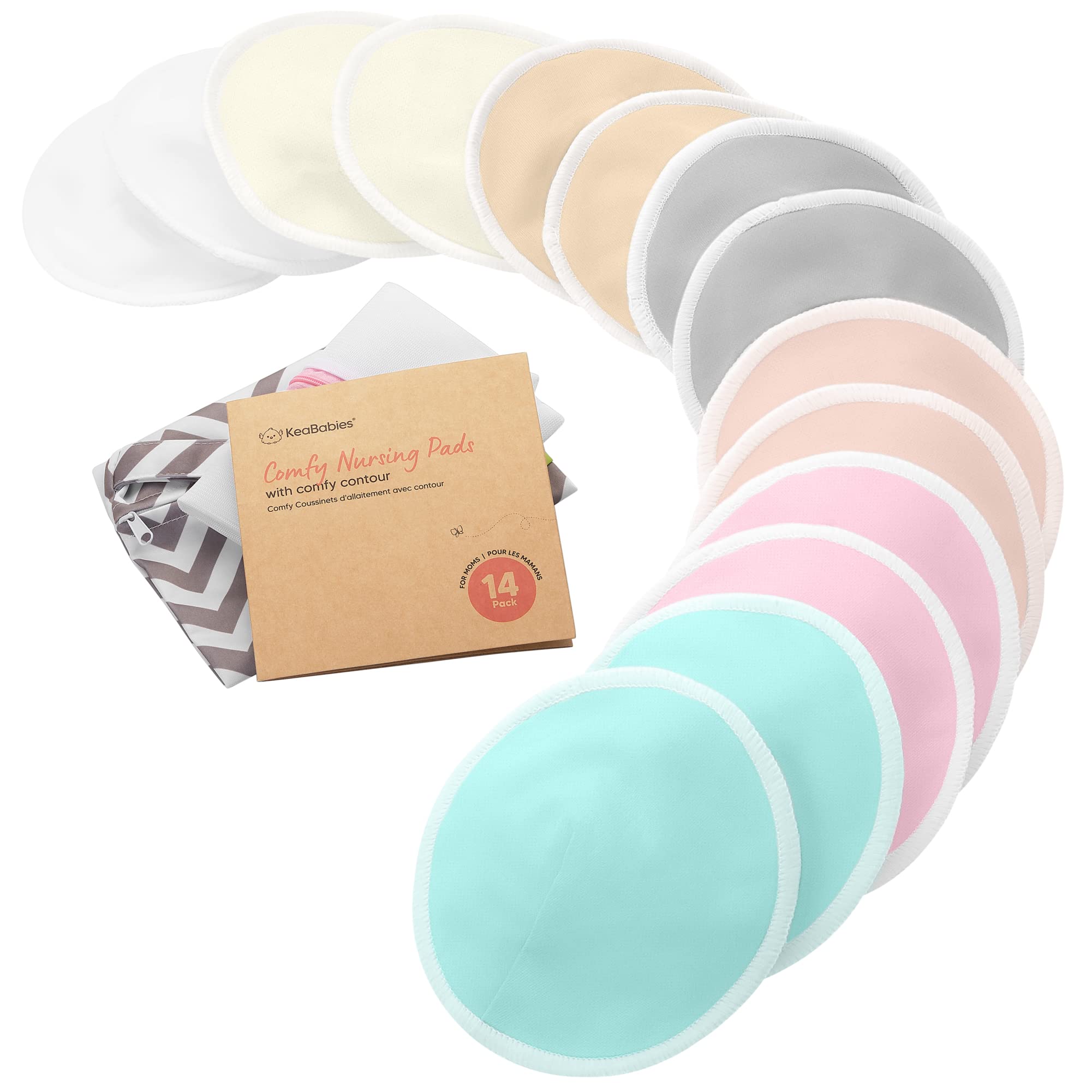 Organic Nursing Pads - 14 Washable Viscose Derived from Bamboo Breastfeeding Pads, Wash Bag, Reusable Breast Pads for Breastfeeding, Nipple Pads for Breastfeeding Essentials(Pastel Touch, L 4.8)