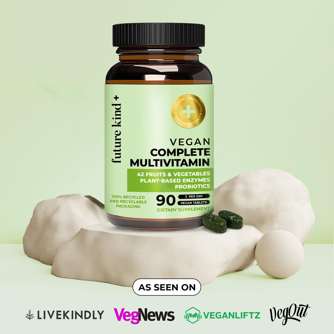 Future Kind Vegan Multivitamins Complete - 42-in-1 Vegan Multivitamins for Women & Men with Enzymes, B12, Zinc, & Probiotics for Digestion (90 tabs in Recycled Bottle)