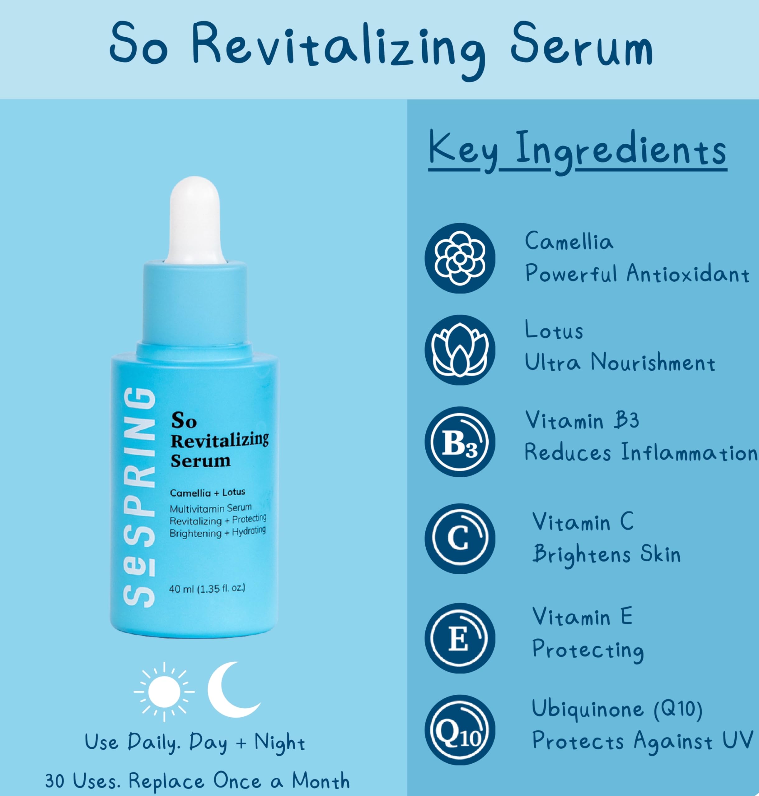 SESPRING So Revitalizing Multivitamin Face Serum Korean Skincare, For Skin Brightening and Hydrating, with Camella, Lotus, Vitamins B3, C, E, and Q10, No Paraben, Cruelty Free, 40 ml/1.35 oz