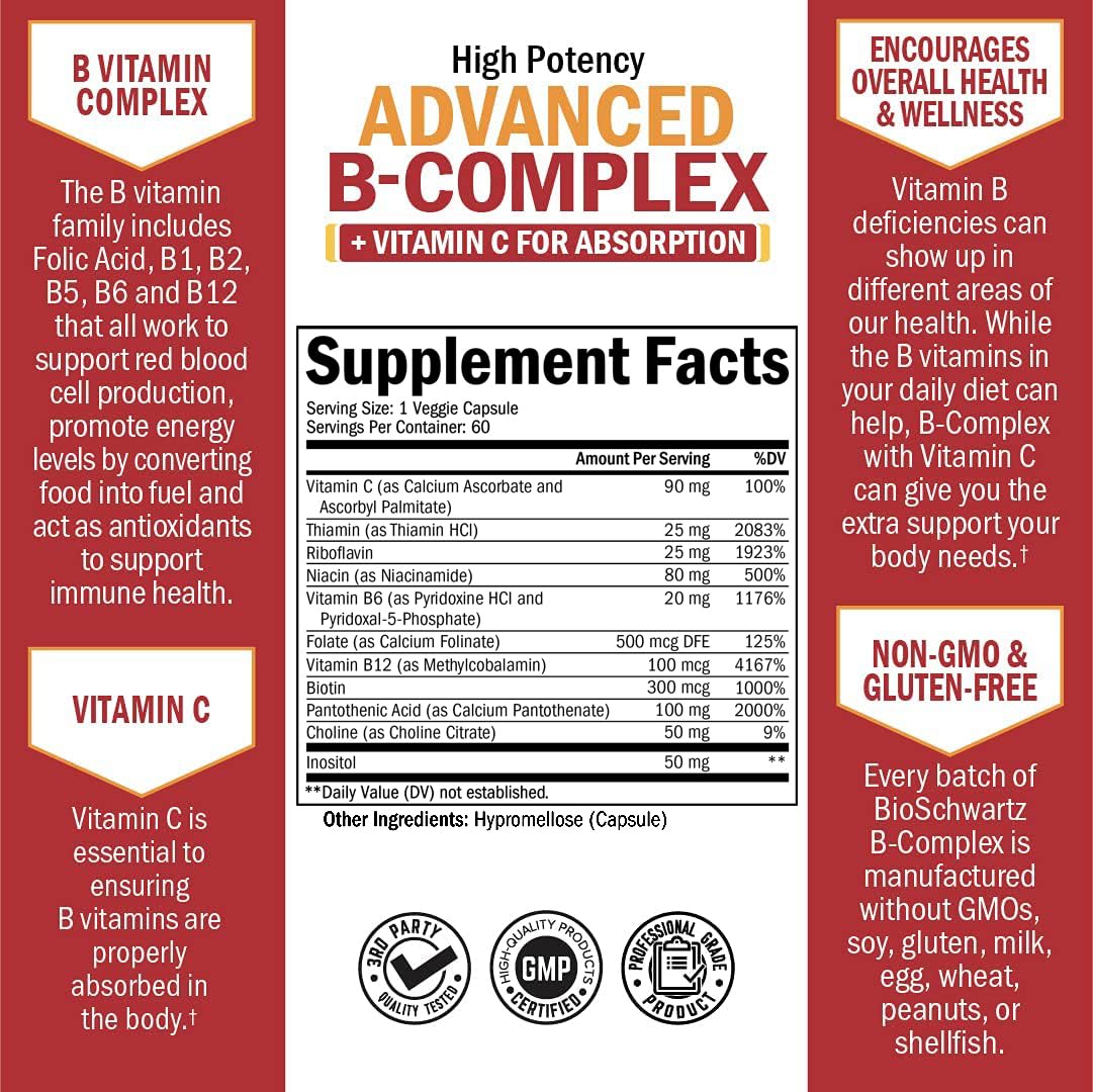 Vitamin B Complex with Vitamin C for Maximum Absorption - Methylcobalamin b12 & Folate Folic Acid Supplement - B1 B2 B3 B5 B6 B7 B9 for Immune Energy & Nervous System Support - Non-GMO, 60 count