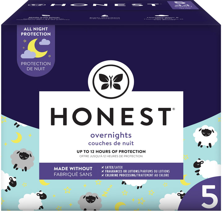 The Honest Company Clean Conscious Overnight Diapers | Plant-Based, Sustainable | Sleepy Sheep | Club Box, Size 5 (27+ lbs), 44 Count