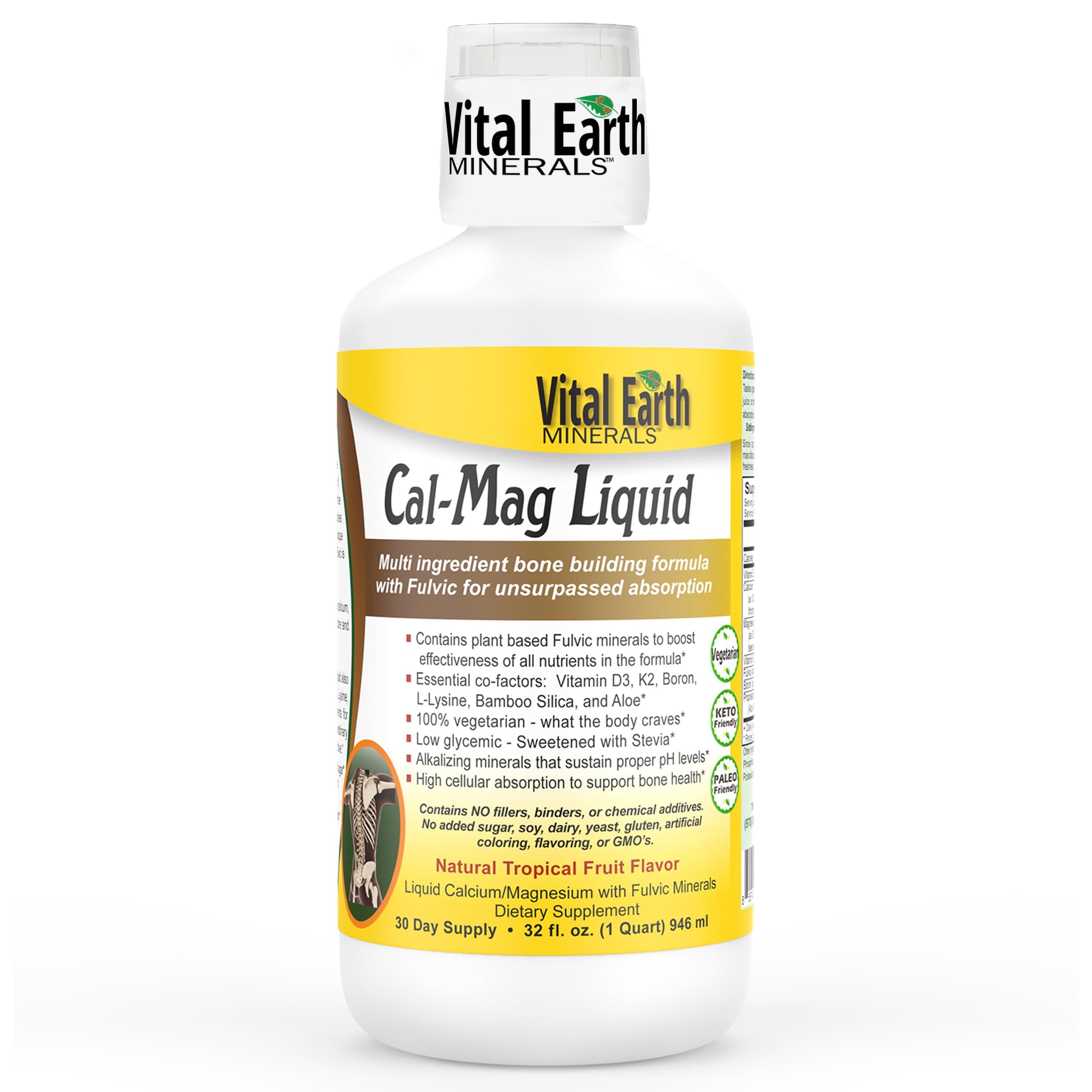 Vital Earth Minerals Cal-Mag Liquid – Calcium Magnesium Supplement with Vitamin D3, K2, Boron, and Fulvic Acid for Faster Absorption, 32 Oz + 1 Oz Cup