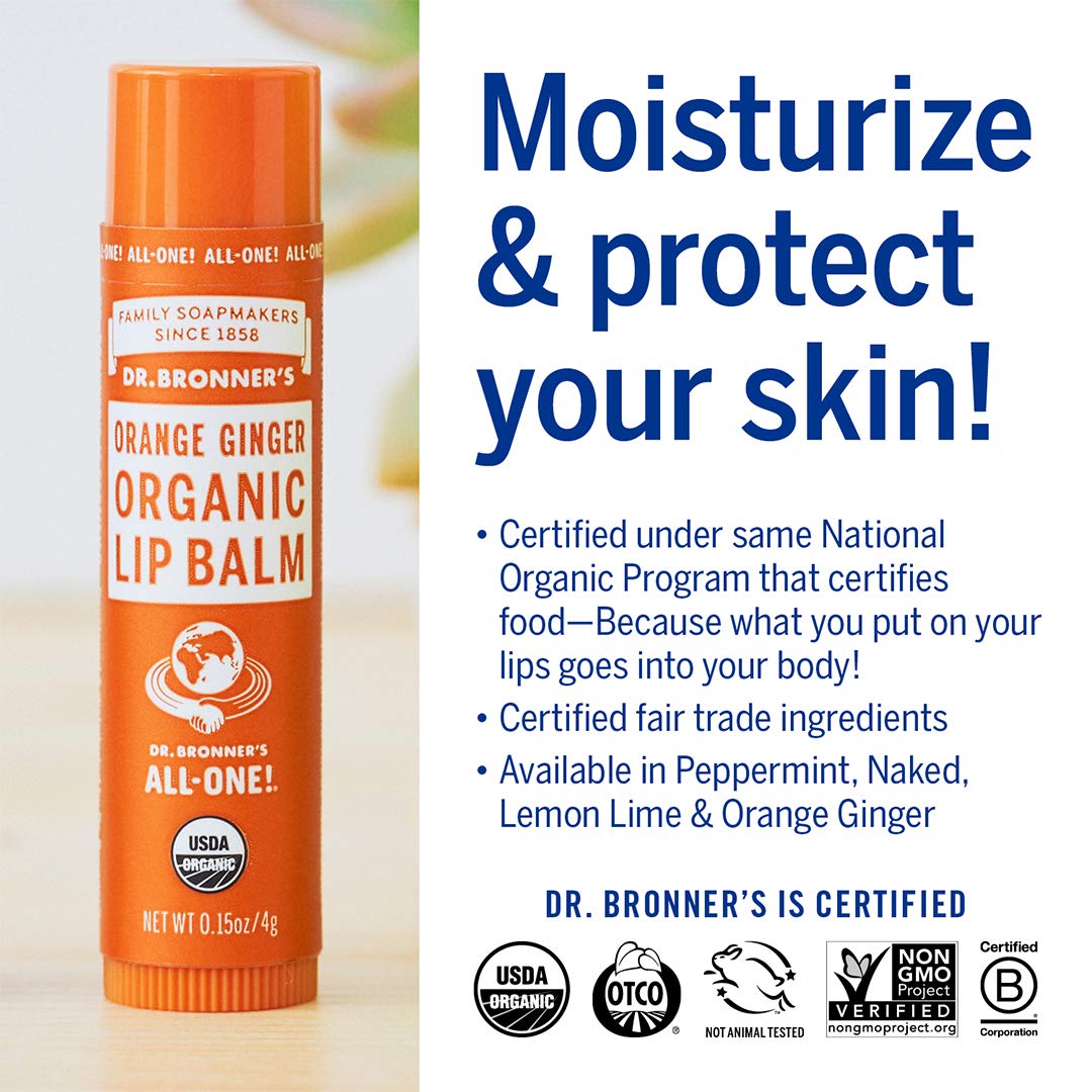 Dr. Bronner's Organic Lip Balm - 4 Pack (Naked, Peppermint, Lemon Lime, Orange Ginger)
