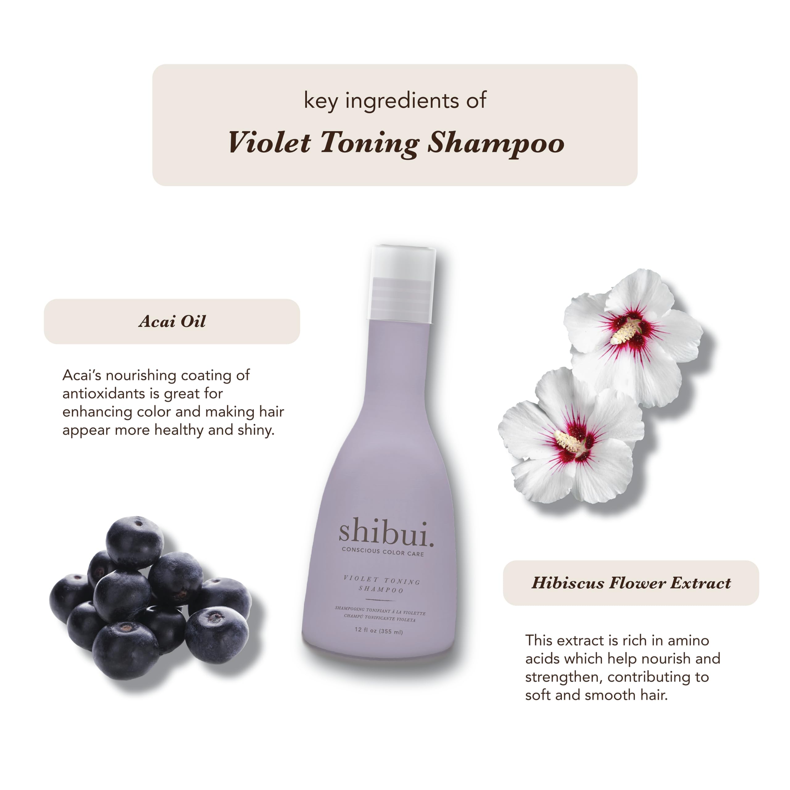 SHIBUI Violet Toning Shampoo, Neutralizes Brassiness with Acai Oil & Hibiscus, for Blonde, Highlighted, & Silver Hair, 12 Fl Oz