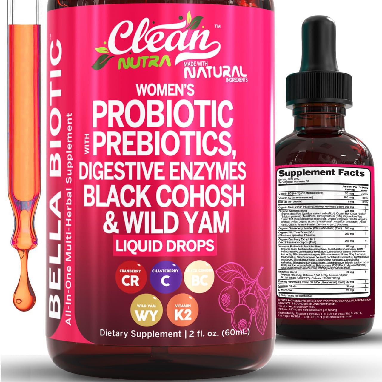 Liquid Probiotics for Women Drops with Chasteberry, Black Cohosh, Prebiotics, Digestive Enzymes, Evening Primrose Oil, Wild Yam, Cranberry Dmannose and Iron Vitamin D3 K2 Clean Nutra Bella Biotics