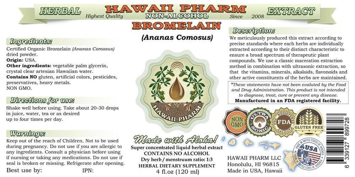Hawaii Pharm Bromelain Alcohol-Free Liquid Extract, Bromelain (Ananas Comosus) Dried Powder Glycerite Natural Herbal Supplement 2 oz
