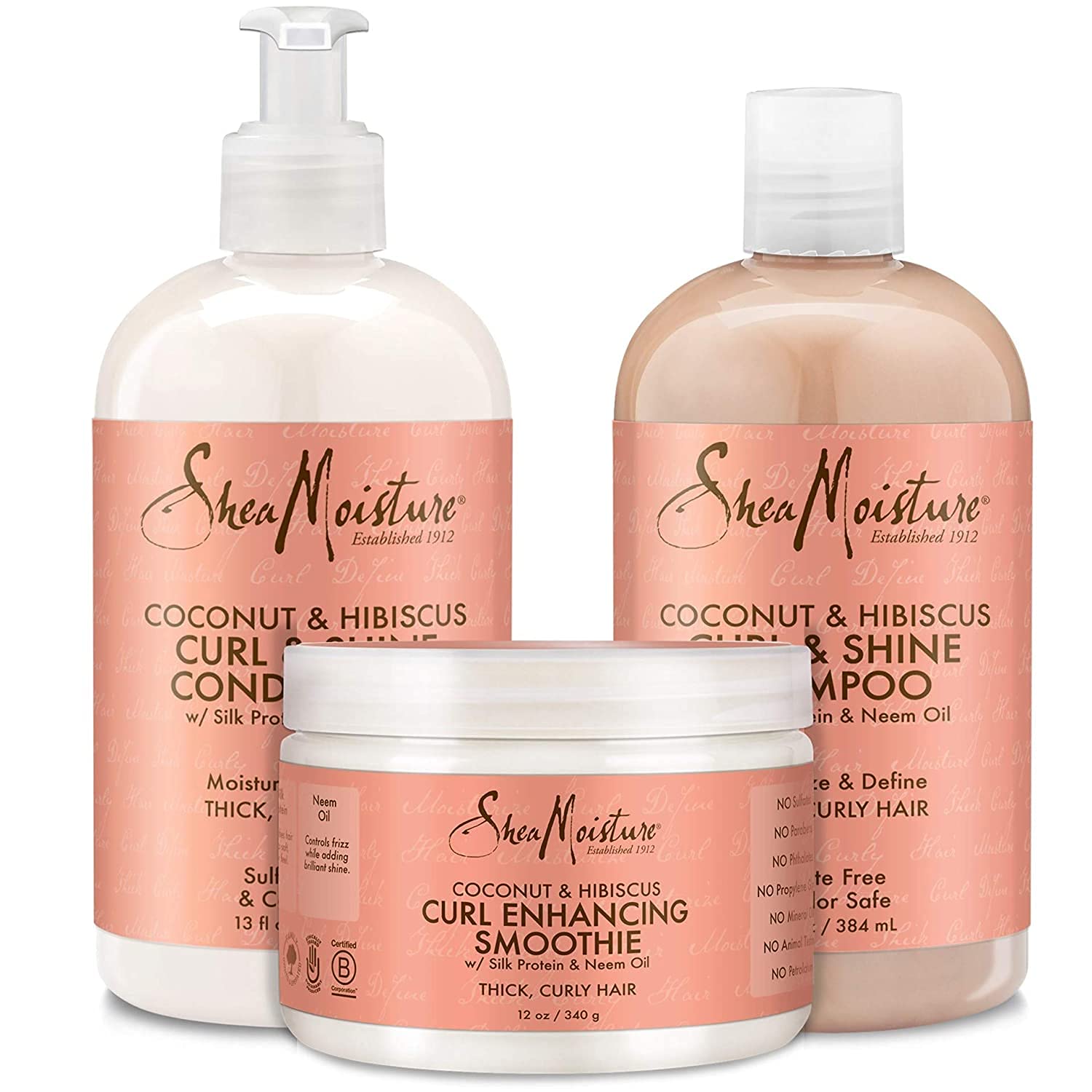 SheaMoisture Coconut & Hibiscus Curl & Shine Bundle – Shampoo, Conditioner + Curl Enhancing Smoothie for Curly Hair Care