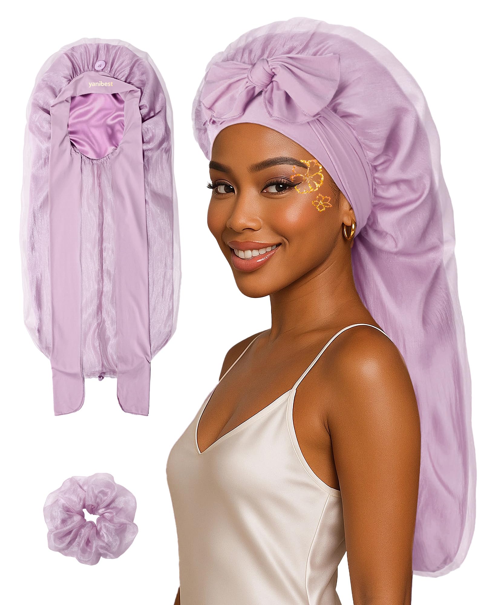 YANIBEST Silk Bonnet for Sleeping Women Satin Lined Braid Bonnet with Breathable Tie Band for Curly Hair Purple