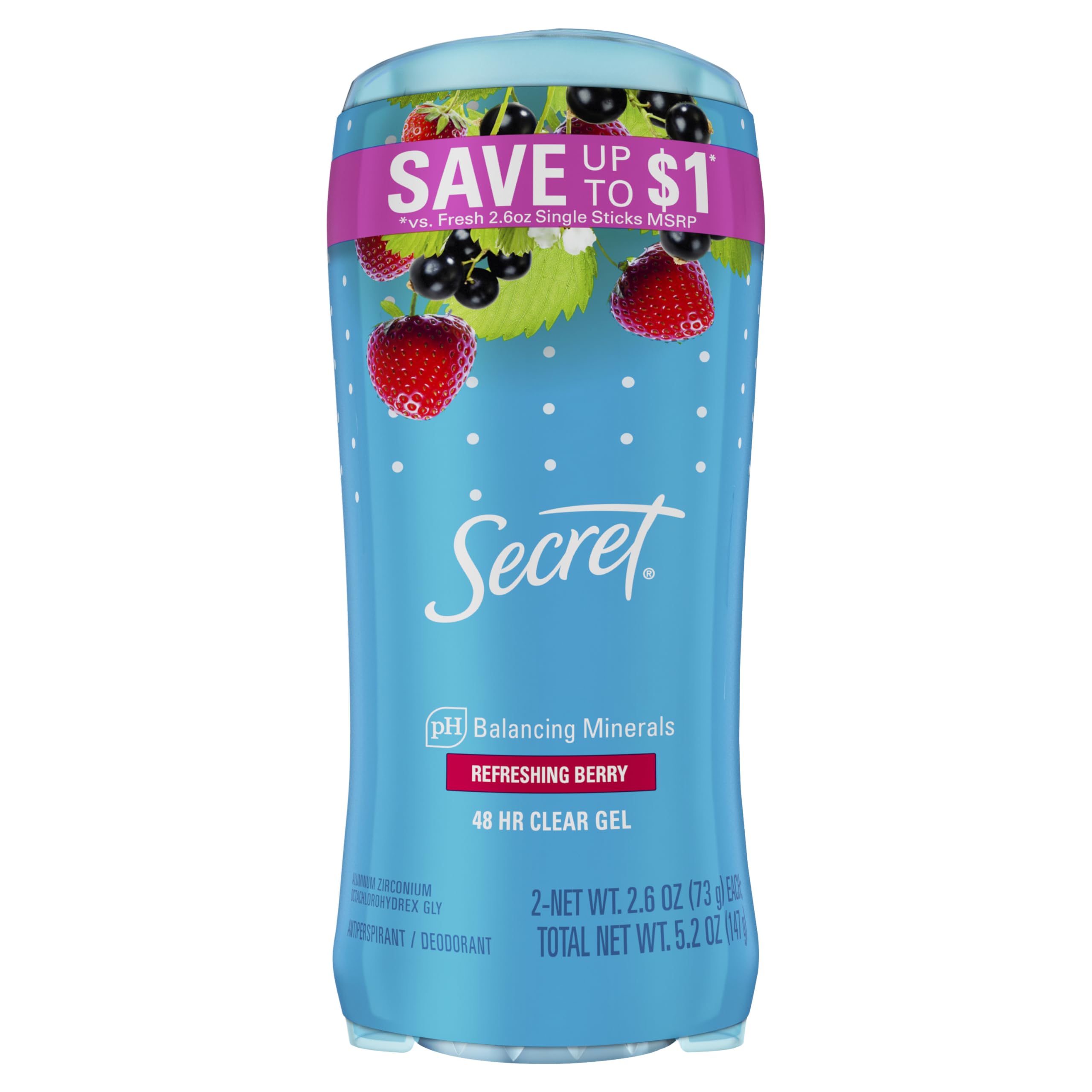 Secret Fresh Clear Gel Deodorant for Women, Summer Berry, 2.6 oz each, Pack of 2