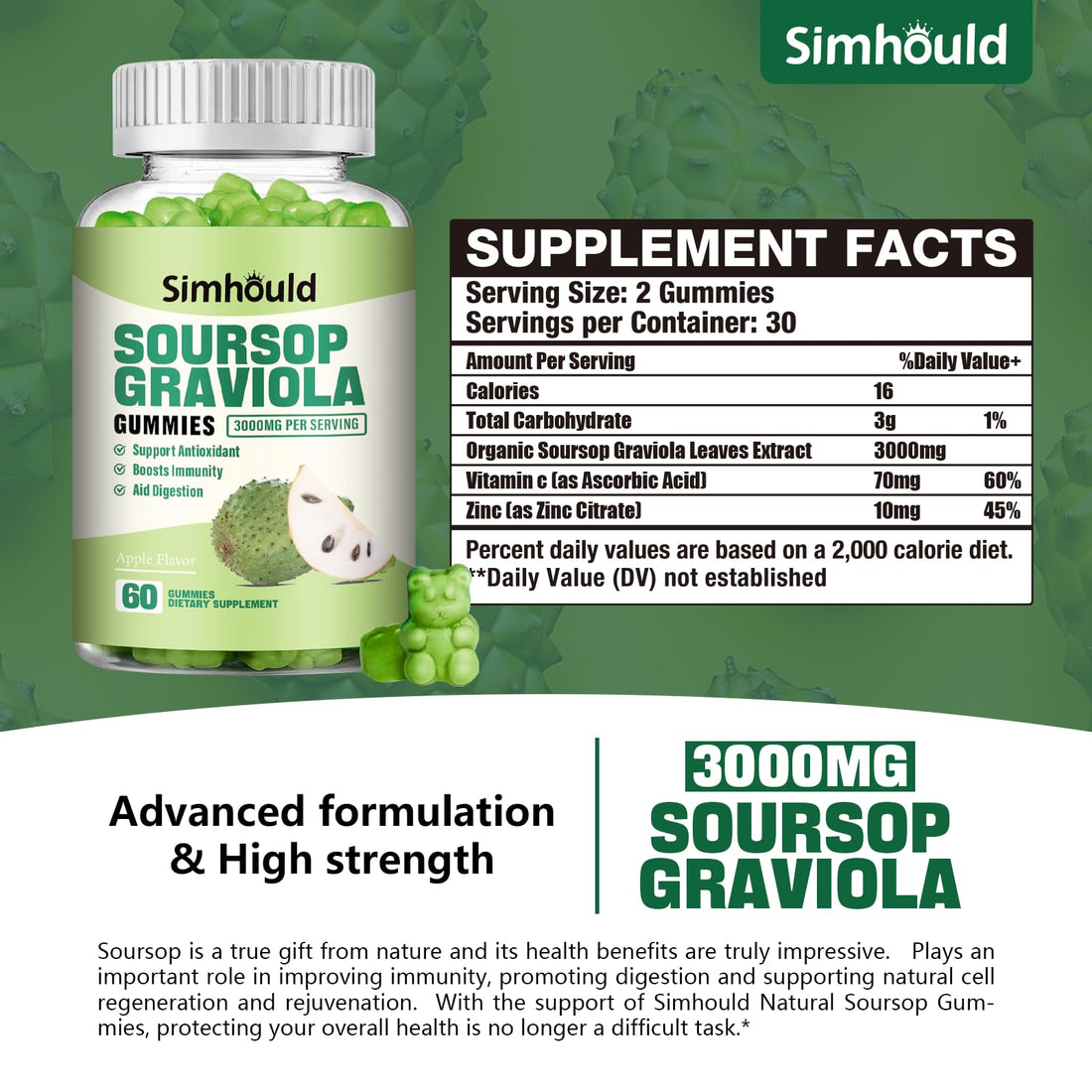 2 Pack Soursop Graviola Gummies - 3000mg Extra Strength Soursop Leaves Supplement with Vitamin C, Zinc - Digestive Aid, Immune Support & Antioxidant - Sugar-Free, Non-GMO, Vegan, 120 Counts