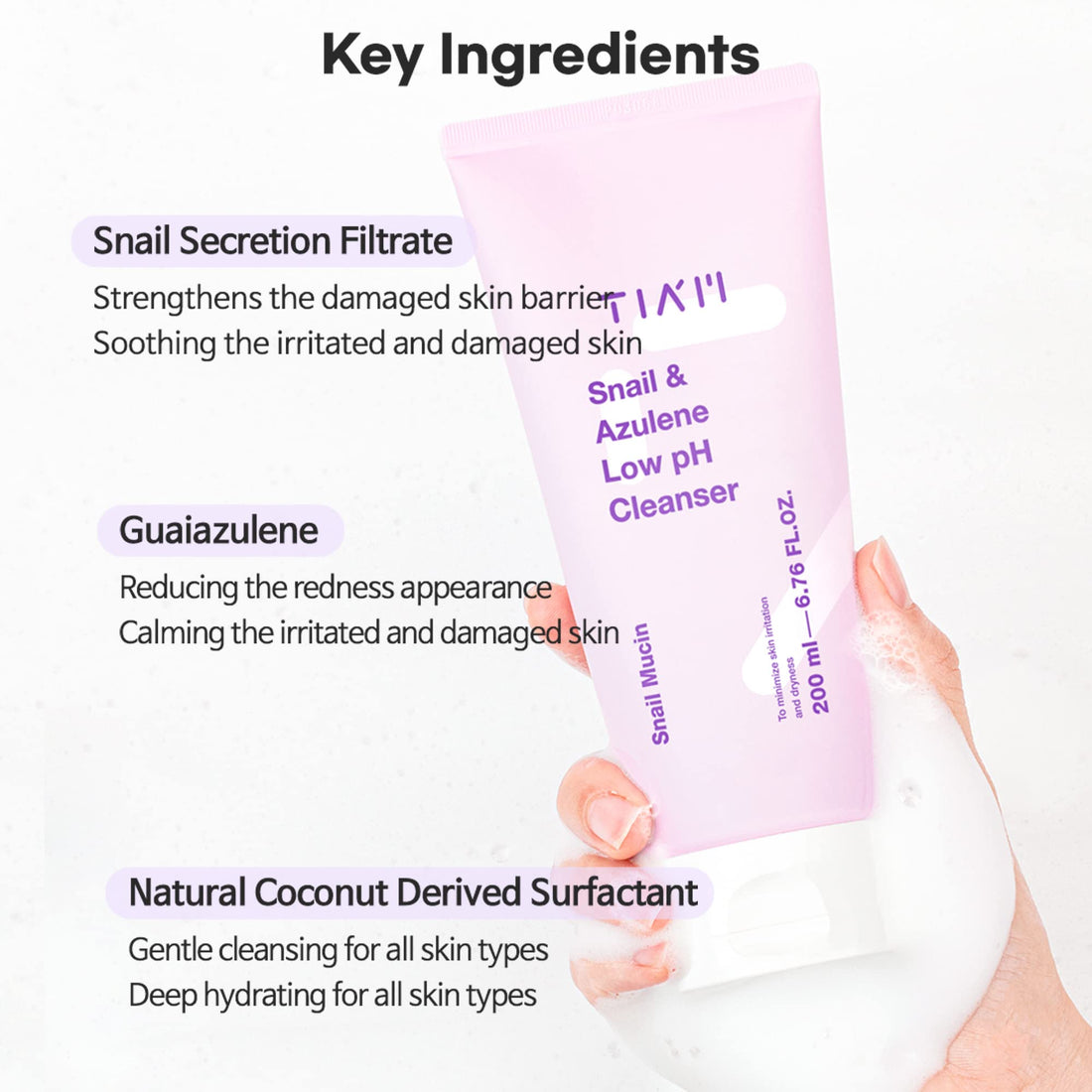 TIAM Snail&Azulene Low pH Cleanser, 6.76 fl oz, Daily Gentle Face Cleanser with Snail Mucin, Suitable for Sensitive Skin, pH Balancing, Korean Skin Care, Korean Face Wash