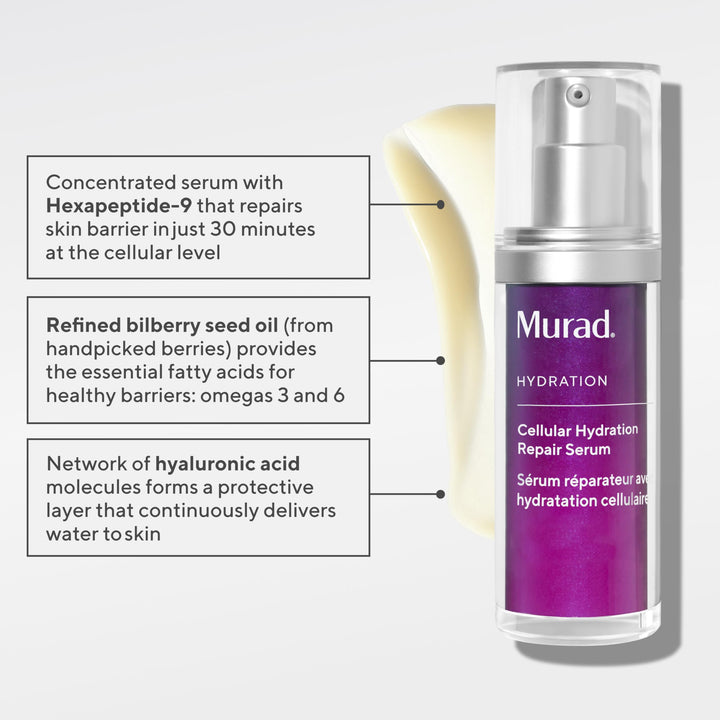 Murad Cellular Hydration Barrier Repair Serum - Hydrating Face Serum Repairs Lipid-Depleted Skin Barrier- Hexapeptide-9, Bilberry, and Hyaluronic Acid Delivers Stronger Healthier Skin - 1 Fl Oz