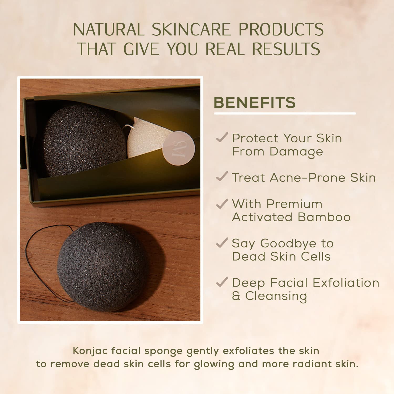 CSM Organic Konjac Sponges 3-Pack for Gentle Exfoliating - Facial Sponges with Premium Activated Bamboo Charcoal to Cleanse Pores, Remove Impurities, Exfoliation - 2 Black Charcoal, 1 White Natural