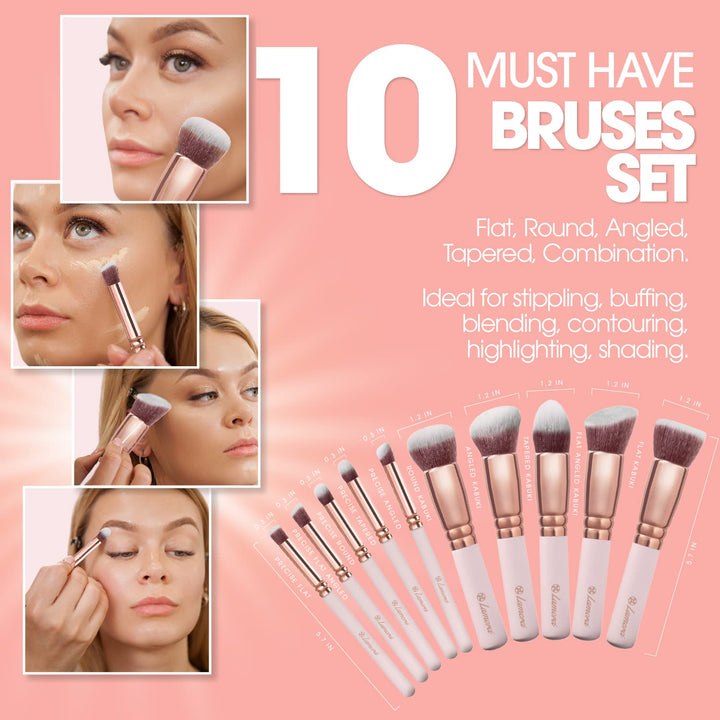 Kabuki Makeup Brush Set - Foundation Powder Blush Concealer Contour Brushes - Perfect For Liquid, Cream or Mineral Products - 10 Pc Collection With Premium Synthetic Bristles For Eye and Face Cosmetic