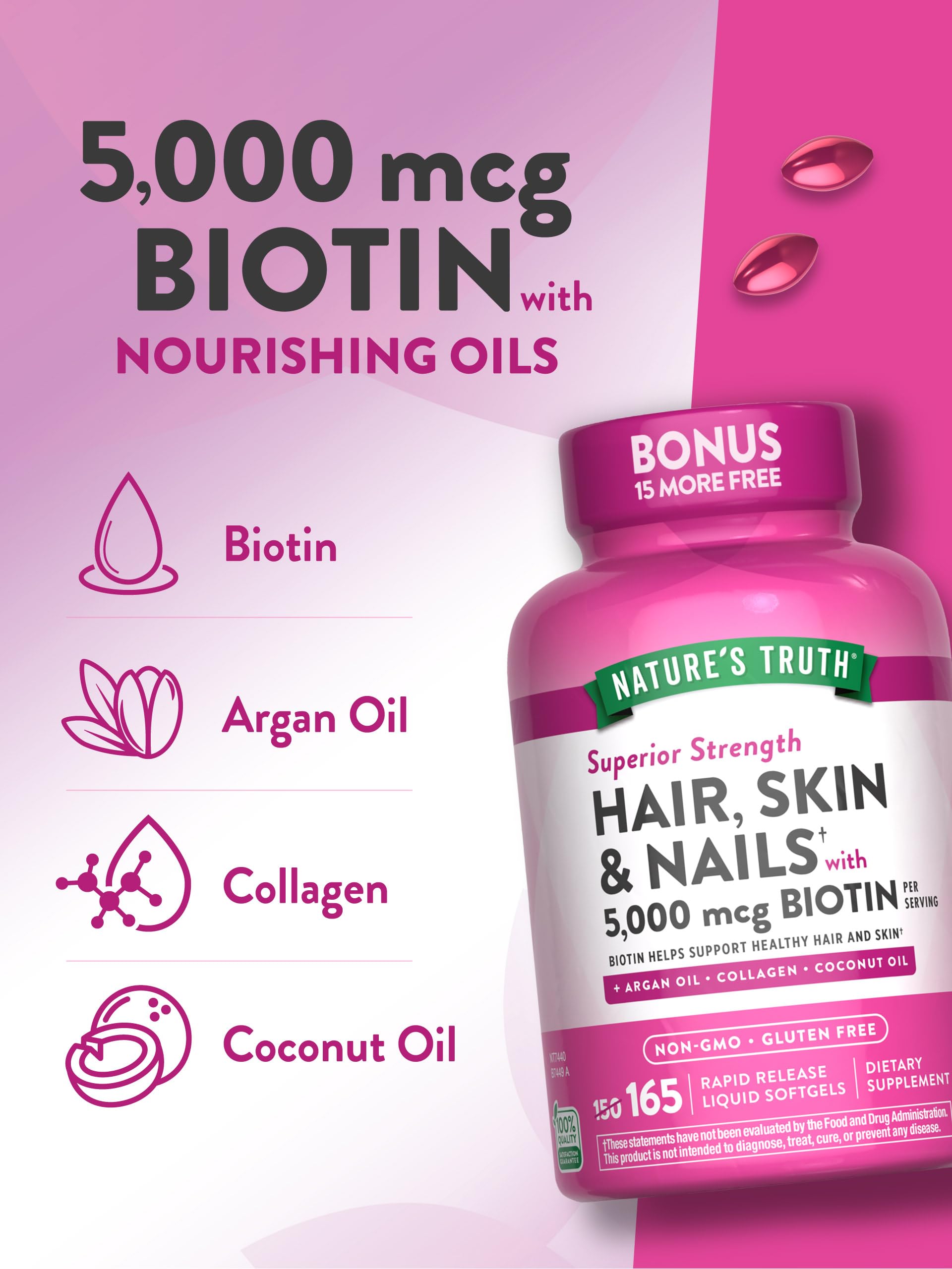 Nature's Truth Hair, Skin & Nails Vitamin | 5000 mcg Biotin | 165 Softgels | with Collagen | Non-GMO & Gluten Free Supplement