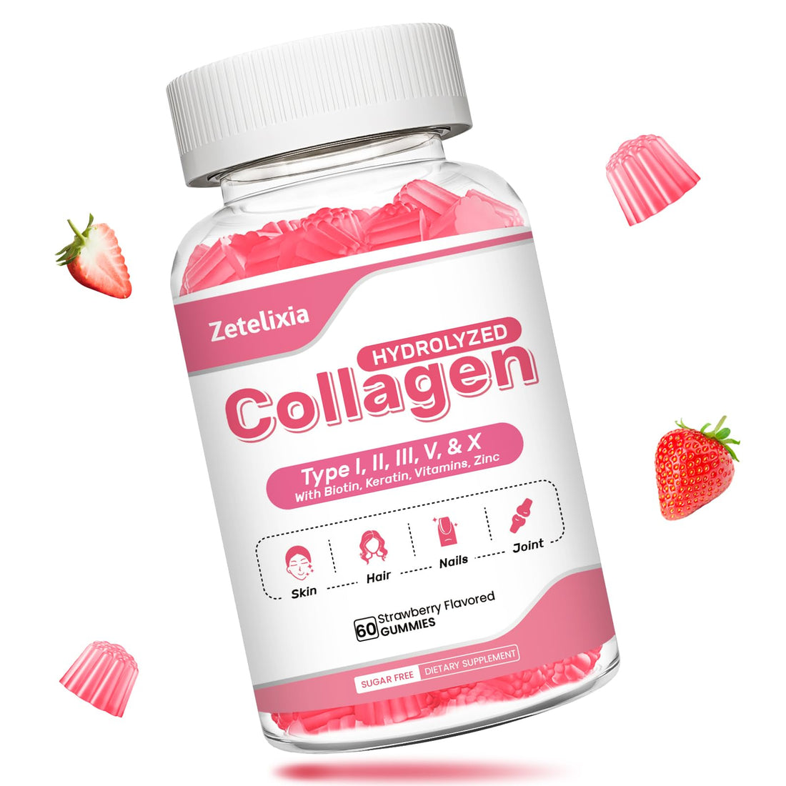 Zetelixia Collagen Gummies for Women Men, Hydrolyzed Collagen Peptide Type I,II,III,V,X with Biotin, Vitamin C A B D E for Skin Hair Nails J0ints, Immunity Energy Digestion, Sugar Free, 60 Count