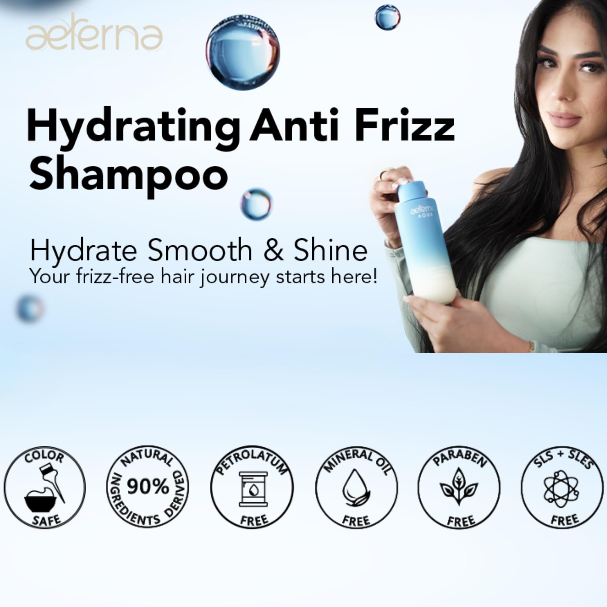 Aeterna AQUA Hydrating Anti-Frizz Shampoo – Color-Safe, Sulfate-Free – With Aloe Vera, Almond & Linseed Oil for Smooth, Strong & Healthy Hair – 250 ml