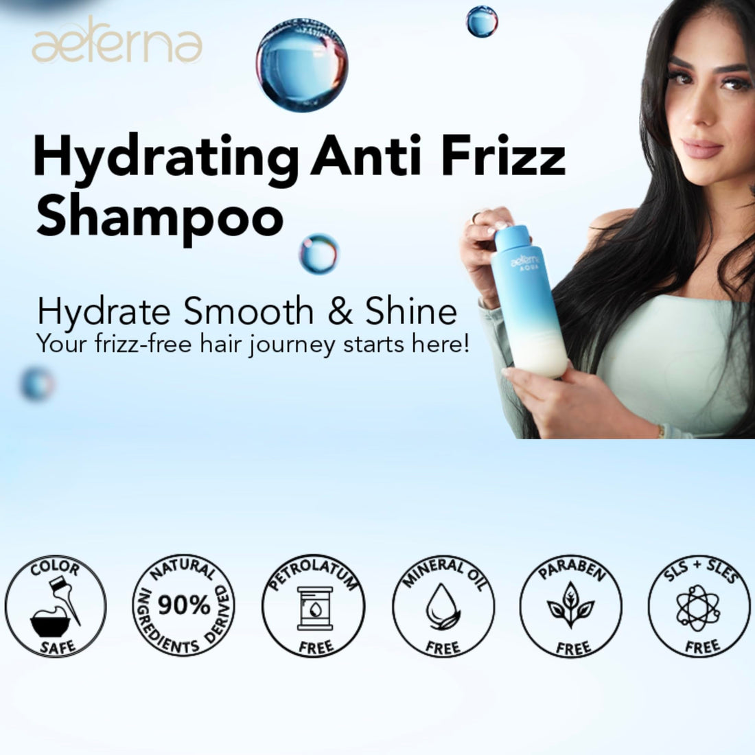 Aeterna AQUA Hydrating Anti-Frizz Shampoo – Color-Safe, Sulfate-Free – With Aloe Vera, Almond & Linseed Oil for Smooth, Strong & Healthy Hair – 250 ml