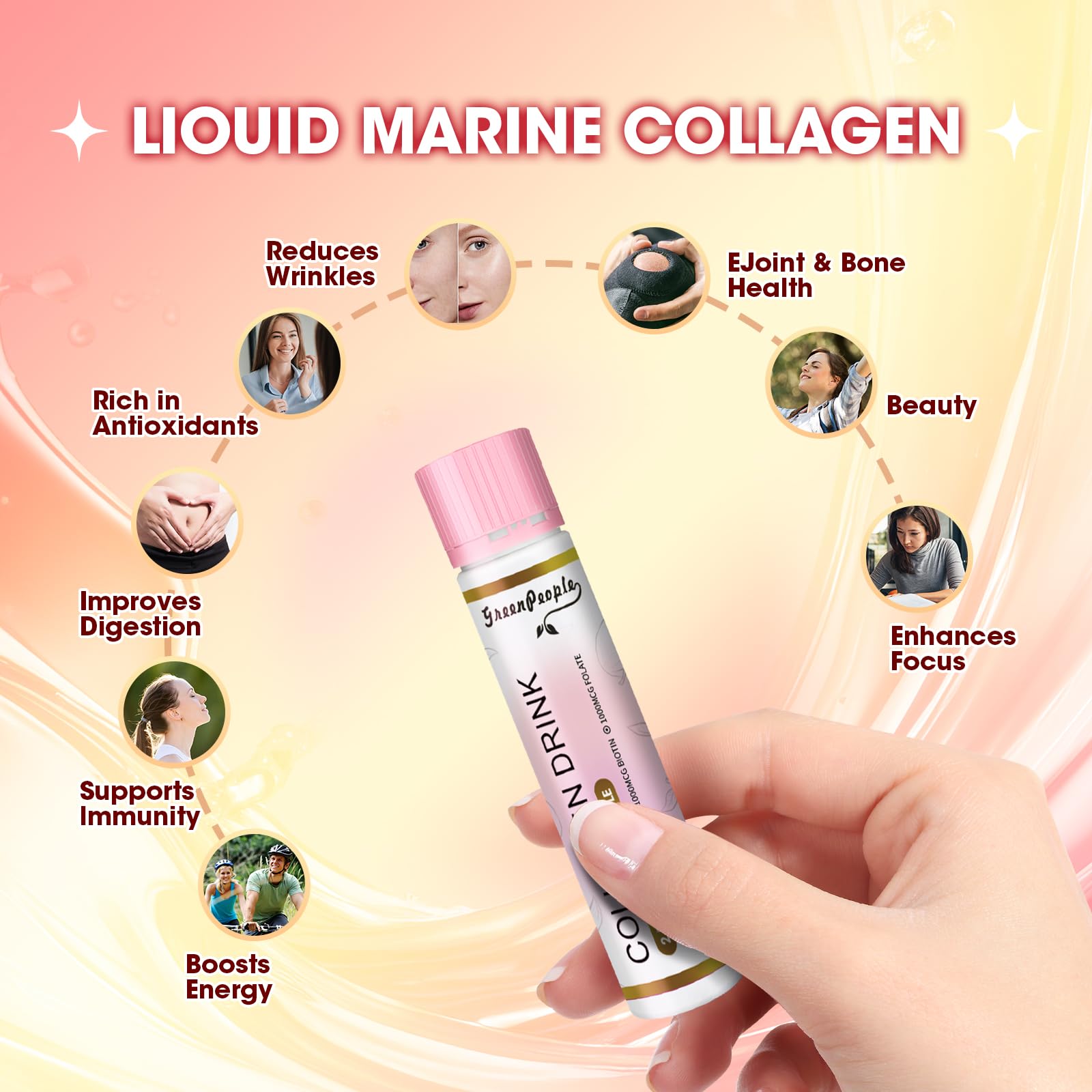 GREENPEOPLE Liquid Collagen for Women & Men, Fish Collagen Peptides + Hyaluronic Acid + Vitamin Bs & C, Hair Skin Nails Joints Bones Support (0.85 fl oz, 10 Bottles, Apple)