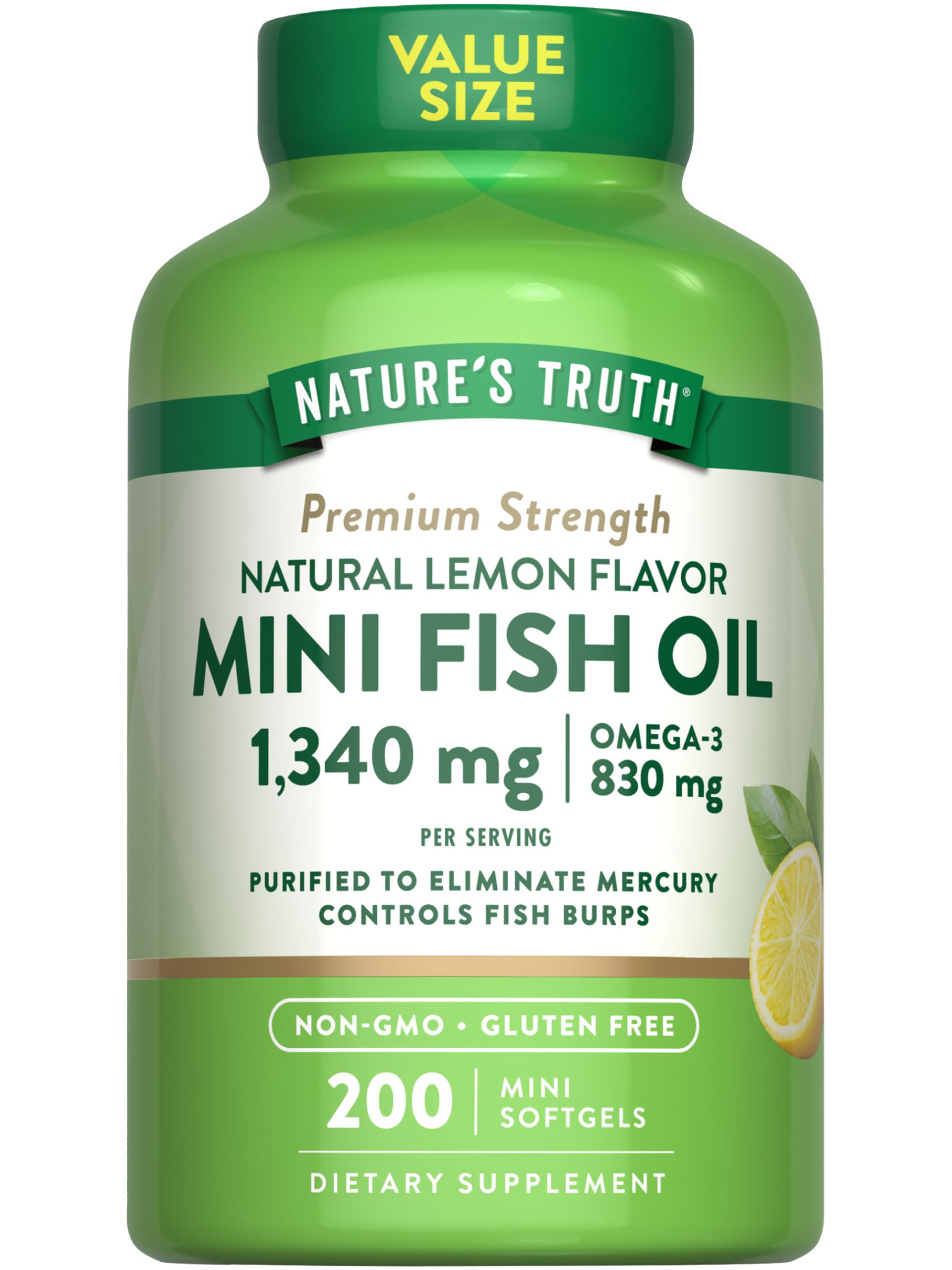 Nature's Truth Fish Oil Omega 3 | 1340 mg | 200 Mini Softgels | Burpless Lemon Flavor Pills | Non-GMO & Gluten Free Supplement