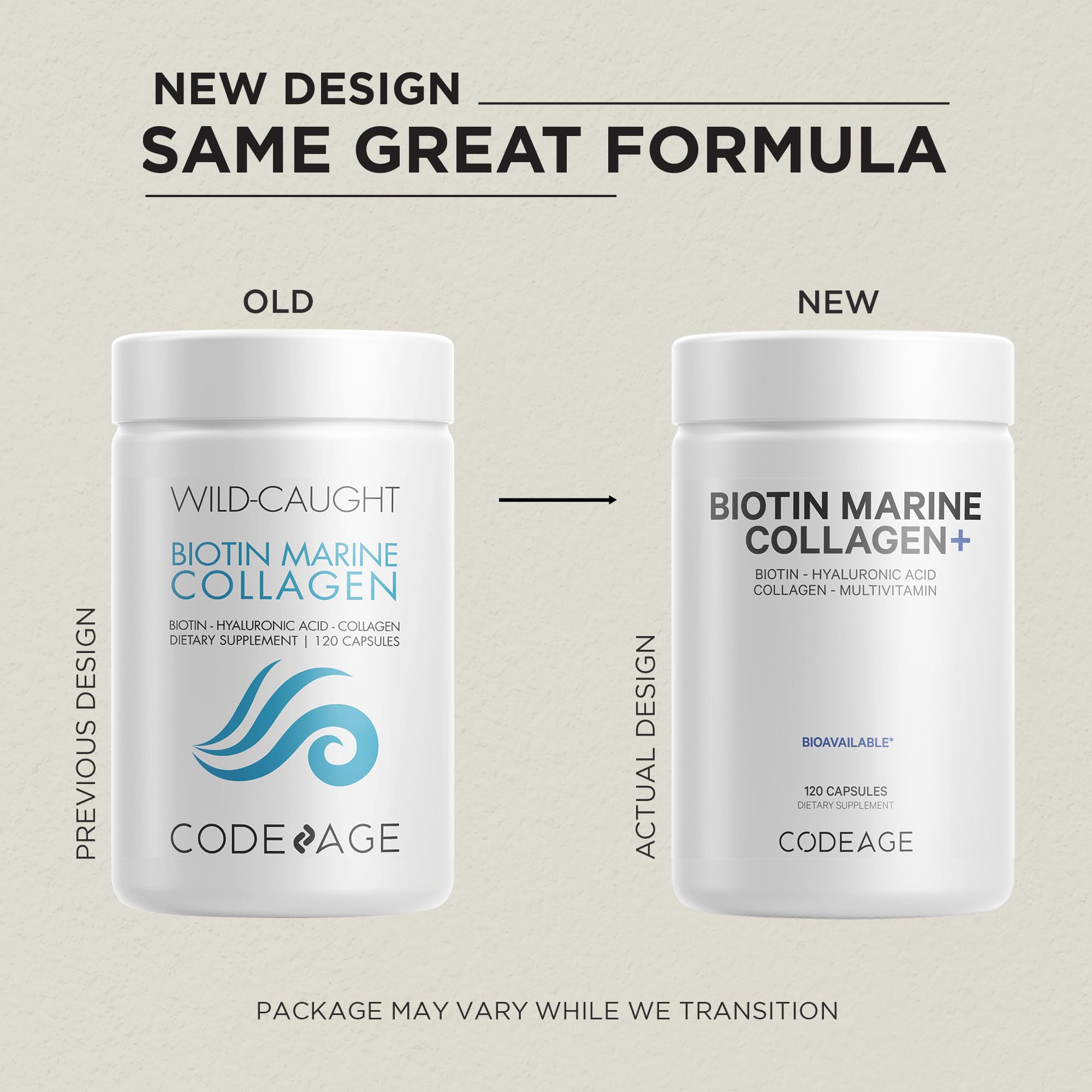 Codeage Biotin Marine Collagen Peptides - Wild-Caught Marine Collagen Types I & III, 10,000 mcg Biotin, Vitamins C & E, Hyaluronic Acid, Amino Acids, Fruit and Herb Blend, Non-GMO - 120 Capsules