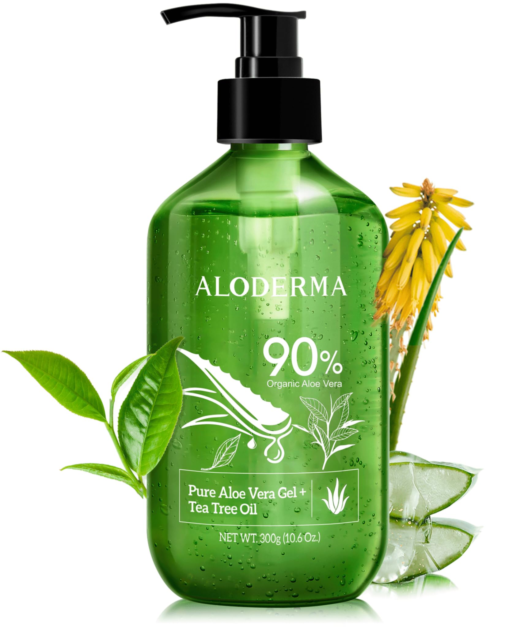 Aloderma Organic Aloe Vera Gel for Skin + Tea Tree Oil, Made within 12 Hours of Harvest, Soothing Pure Aloe Vera Gel for Face, Works Great for Oily Skin, Dry Scalp, Aftershave, Natural Aloe - 10.6 Oz
